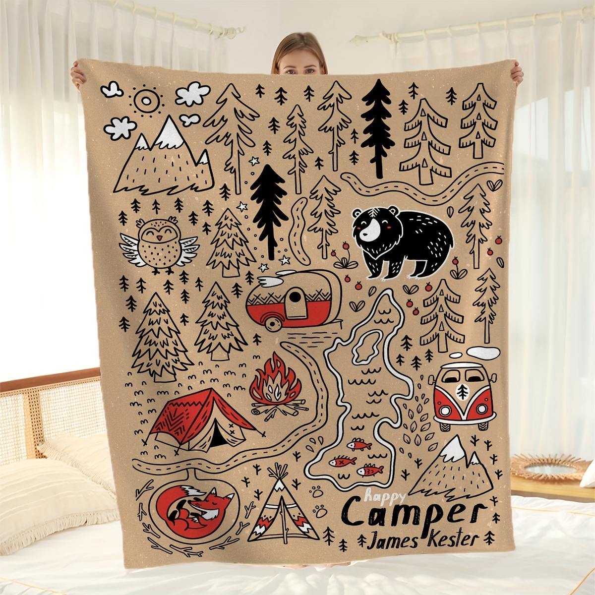 

1pc Forest Bear Printed Throw Blanket Soft Nap Blanket For Sofa Couch Office Bed Camping Travelling, Multi-purpose Gift Blanket For All Season