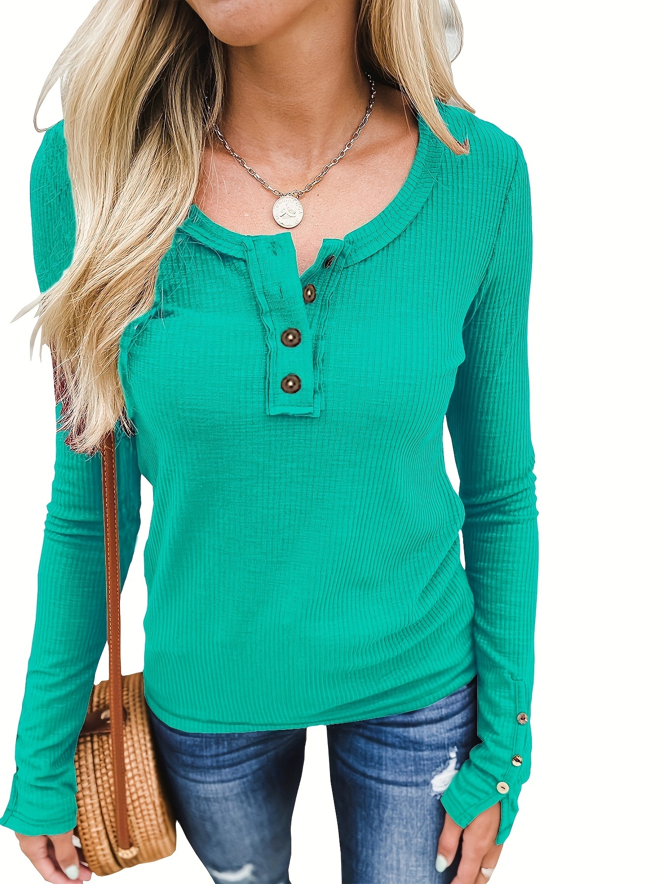 TQWQT Womens Long Sleeve Henley Tops Casual Button Up Tunic Blouse