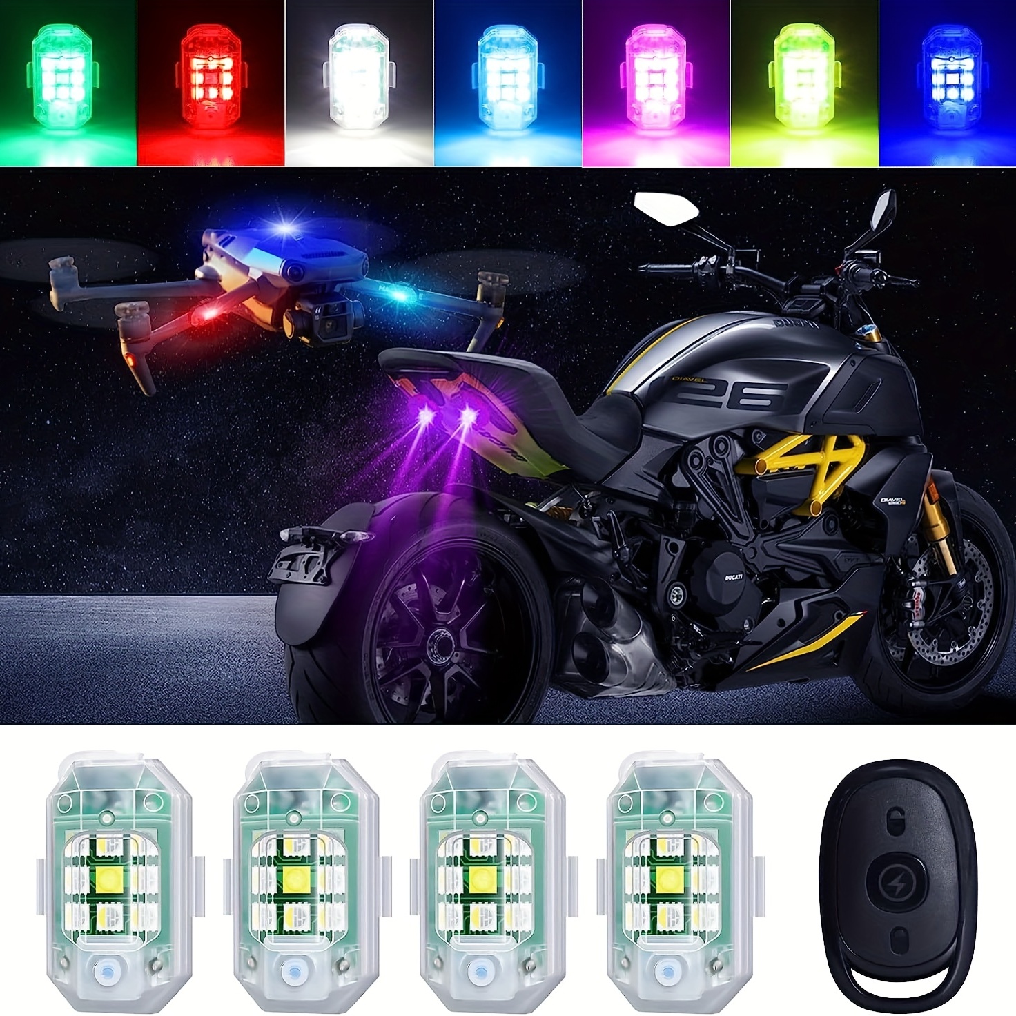 SJLERST Motorrad-Blitzlichter, 4 Stück, Antikollisionslichter, 3 Farbmodi,  LED-Blinkwarn-Sicherheitslampen für Drohnen, Motorräder, Geländefahrzeuge,  Fahrräder