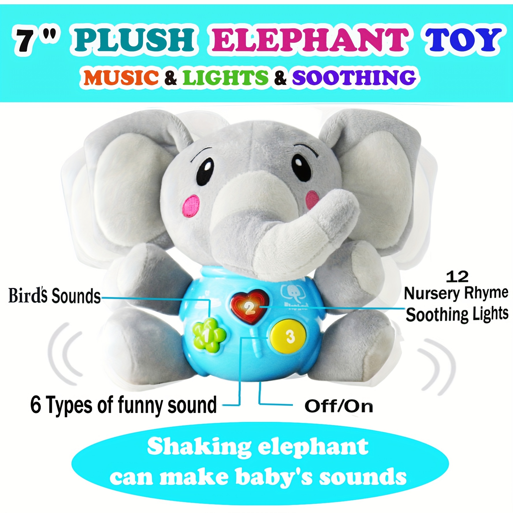 Aitbay elefante musical de peluche, juguete para niños de 0, 3, 6, 9 y 12  meses, bonito peluche con luces para bebés recién nacidos, para niños y