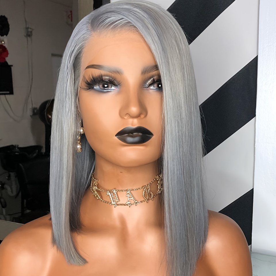 13x4 Grey Colored Lace Front Wig Human Hair Short Bob Lace Temu