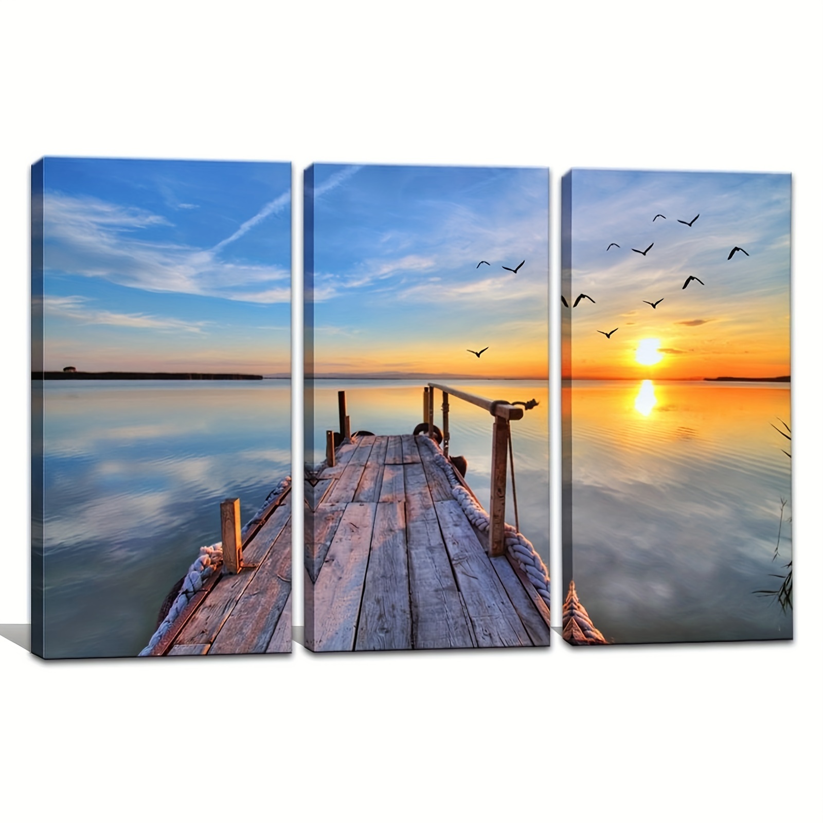 Sunset Lake Wall Art Birds Flying Over The Pier Nature Ocean - Temu