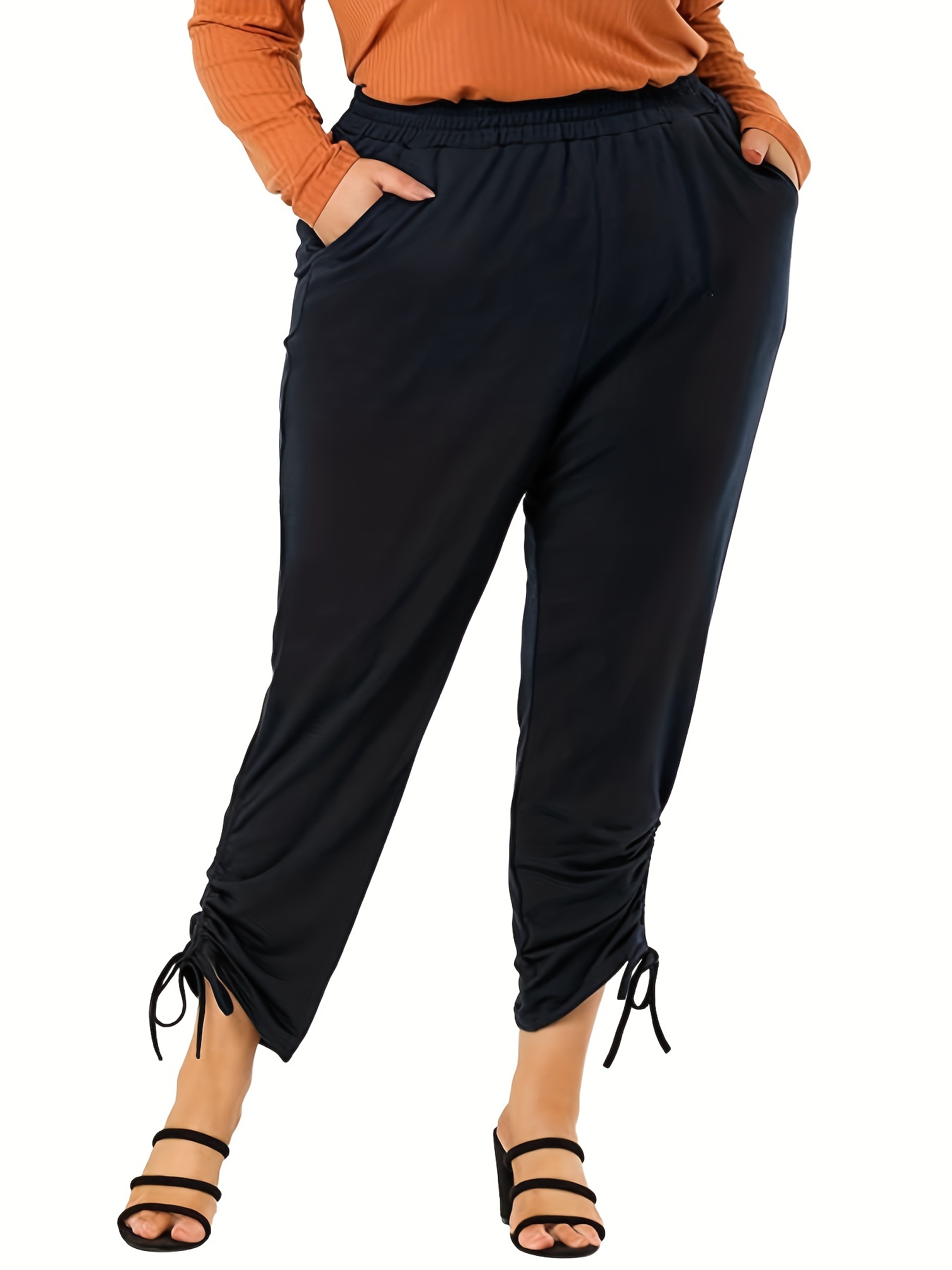 Plus Size Elegant Pants Women's Plus Solid Elastic Side - Temu Canada