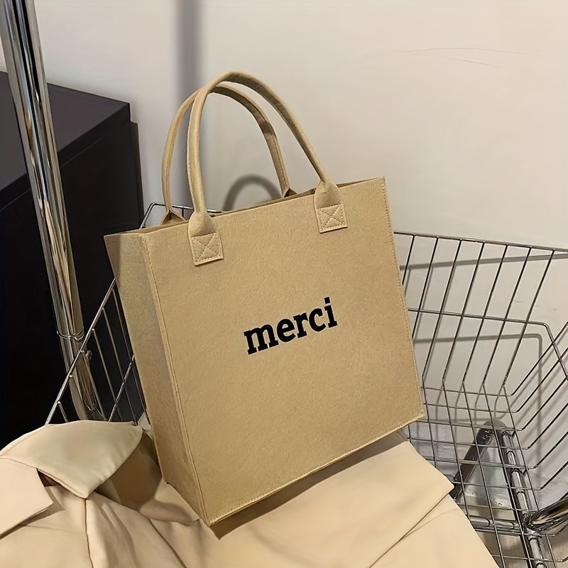 Merci Canvas Shoulder Bags Letter Print Eco Friendly Grocery