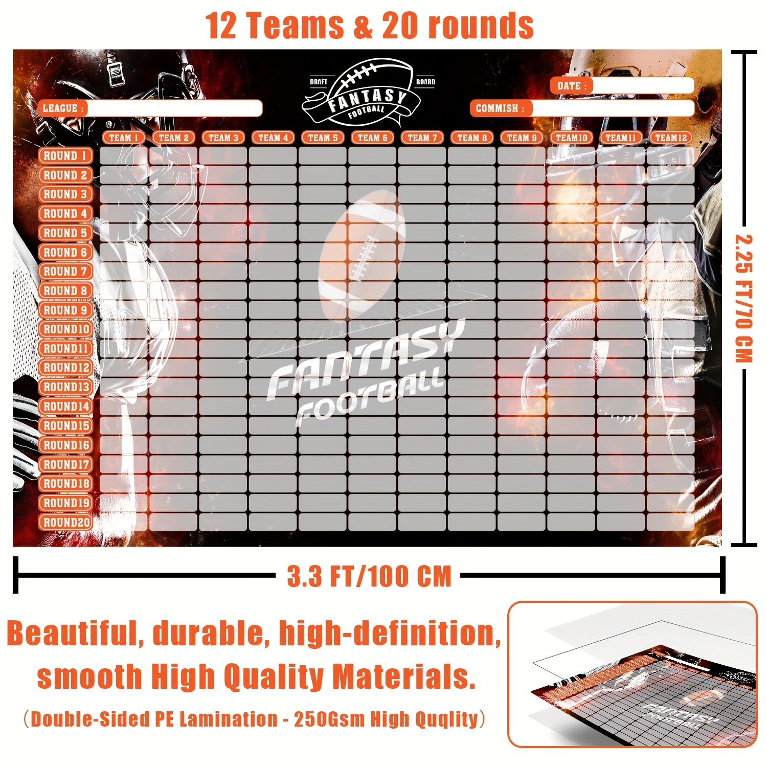 2023 Fantasy Football Draft Board Kit 12 Teams 20 Rounds with 528 Player  Sticker Labels