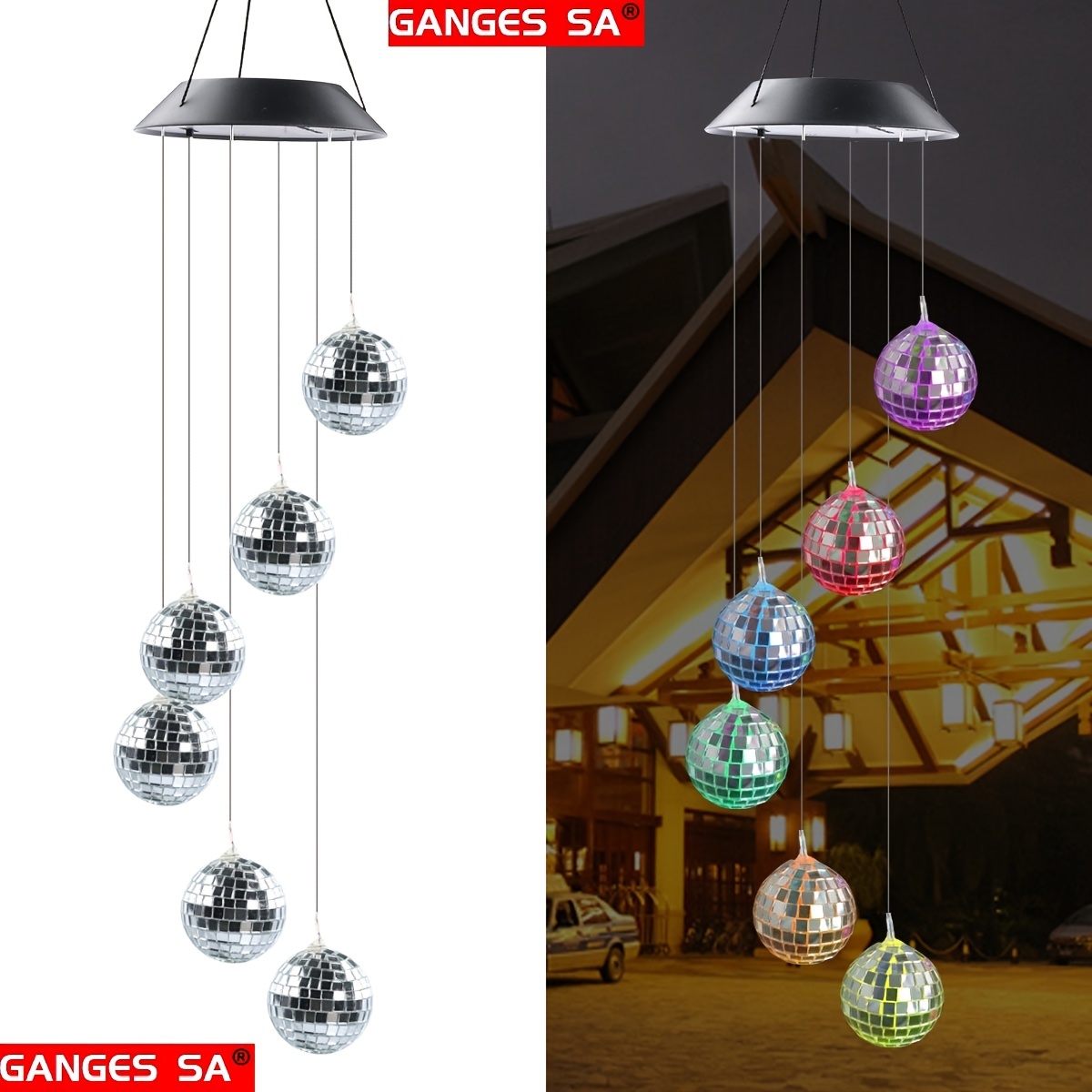 1pc Led Color Changing Wind Chime Hanging Lamp Disco Ball Shape Solar Wind Chime Night Light For Home Outdoor Garden
