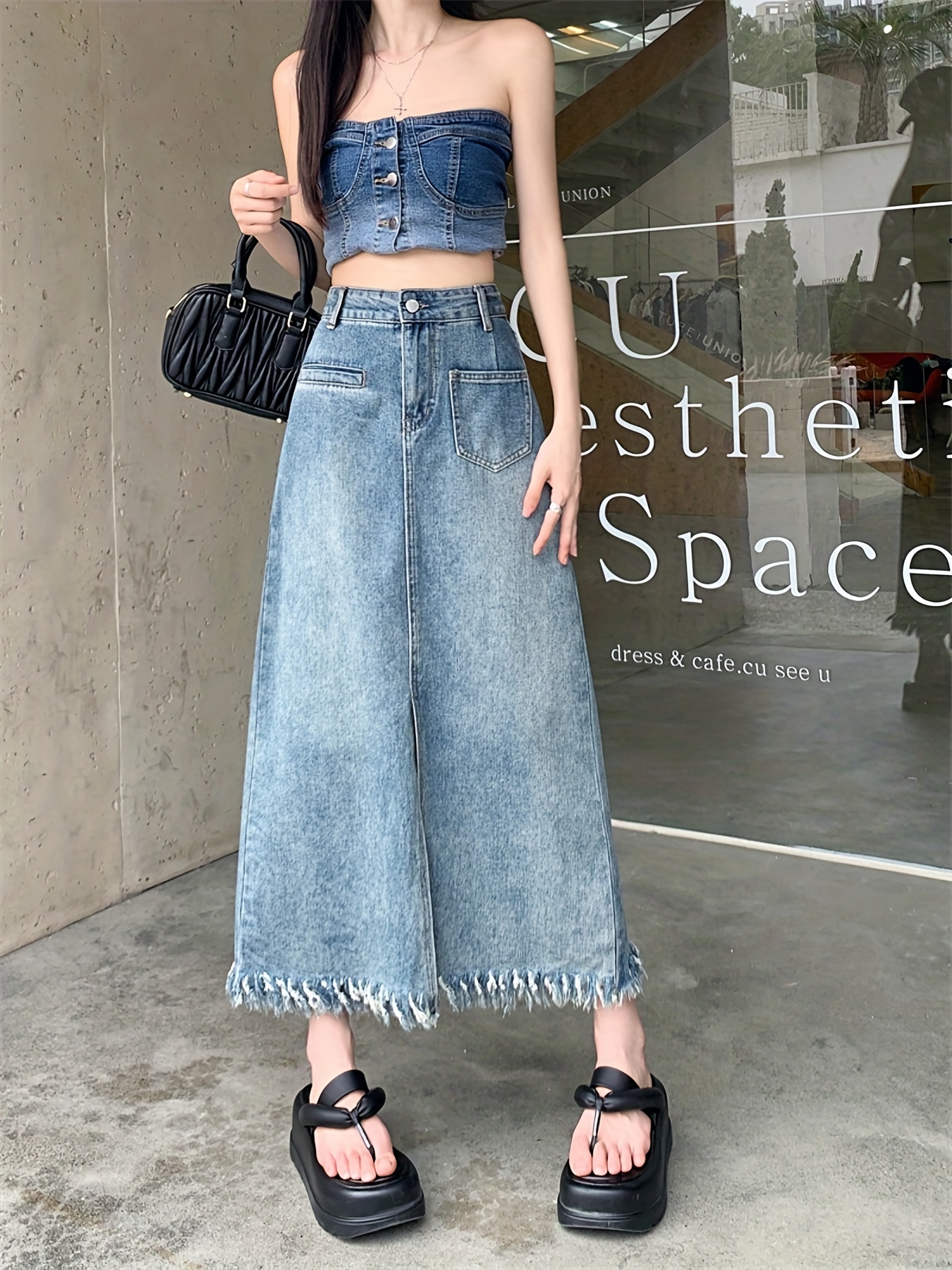 Vintage Lady Long Denim Skirt Jean A Line Distressed Fringe Raw Trim Casual  Chic