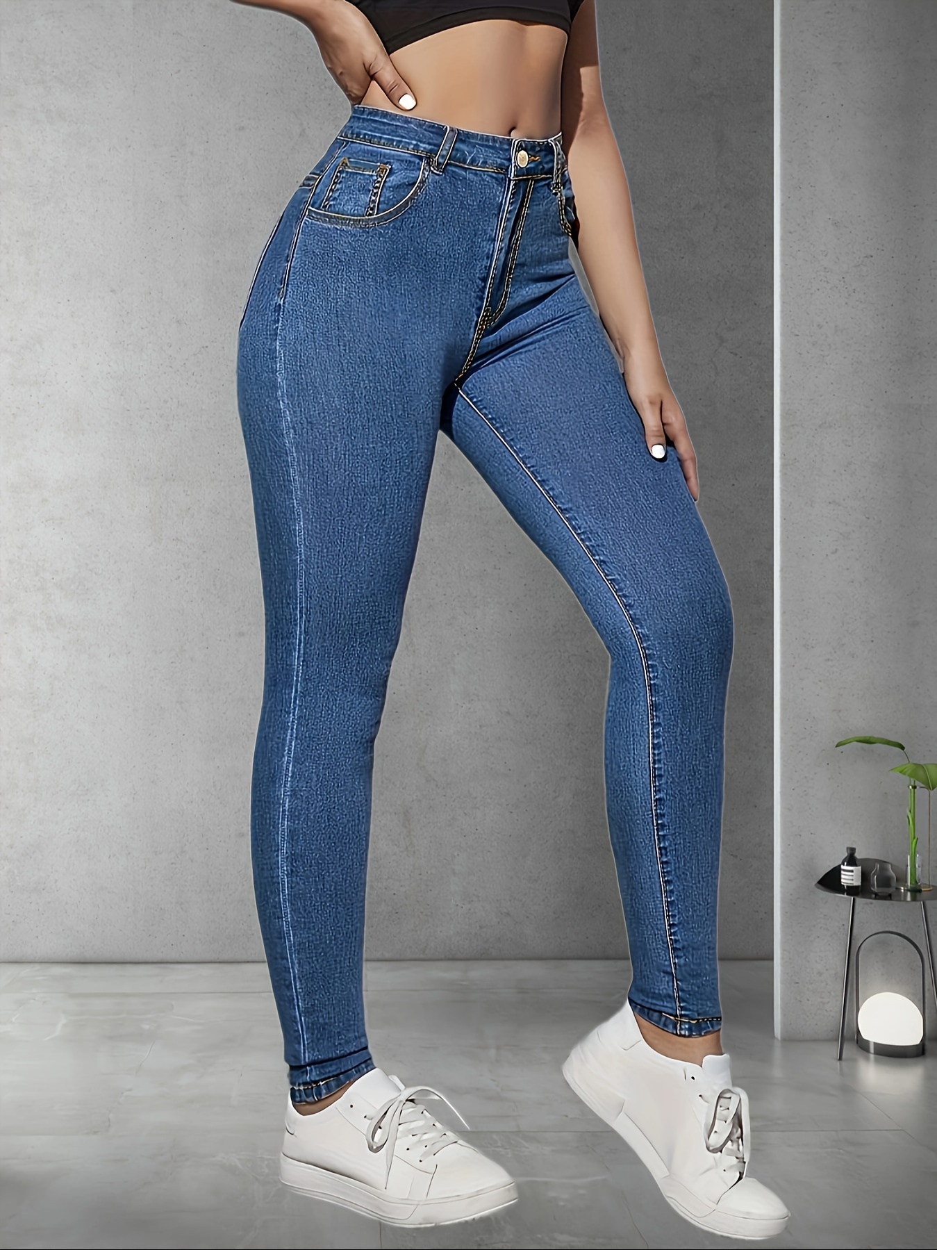 Jeans ajustados elásticos con curvas de cintura alta, pantalones de  mezclilla de diseño clásico de color sólido de tiro alto, jeans y ropa de  mujer
