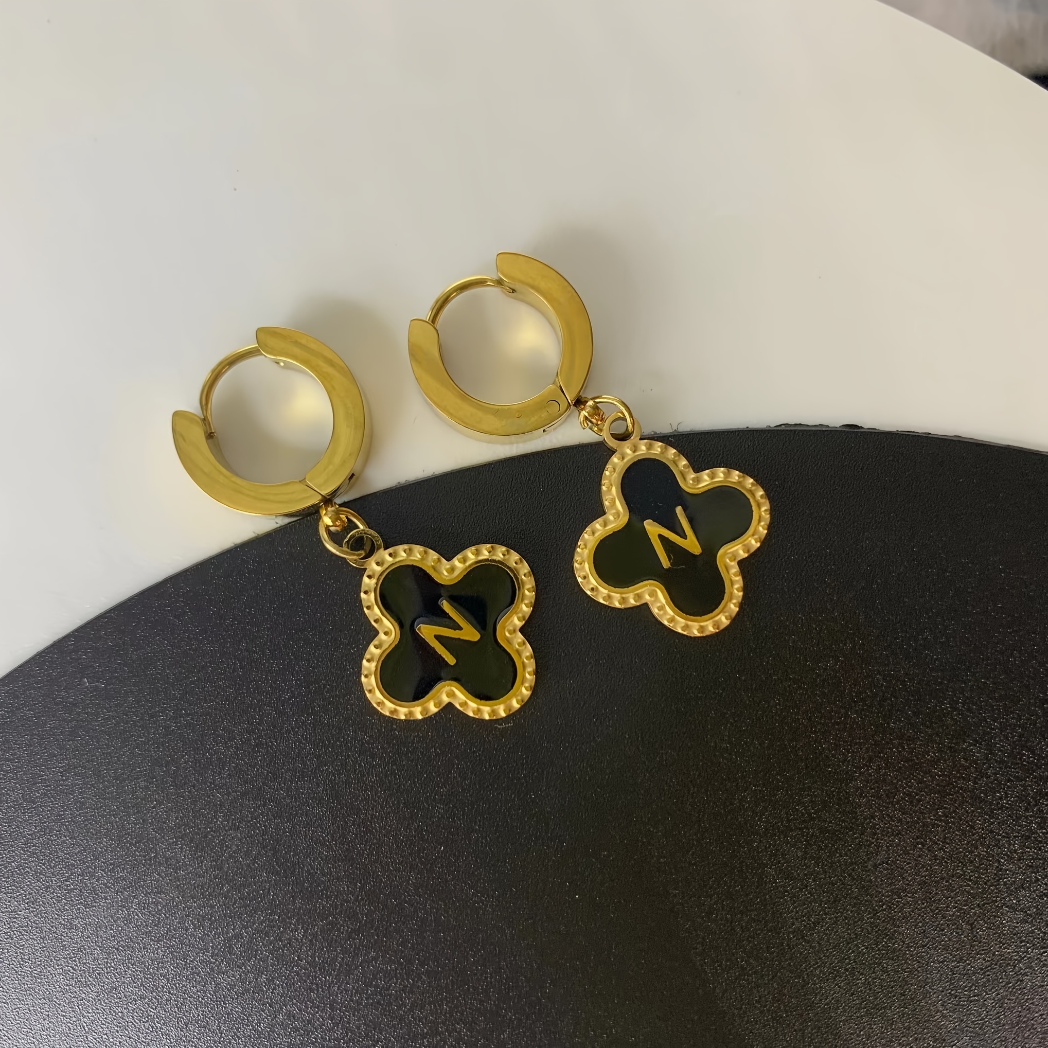Lucky Four Leaf Grass Letter Earrings, Letter N Golden Stainless Steel  Versatile Simple Earrings For Women - Temu
