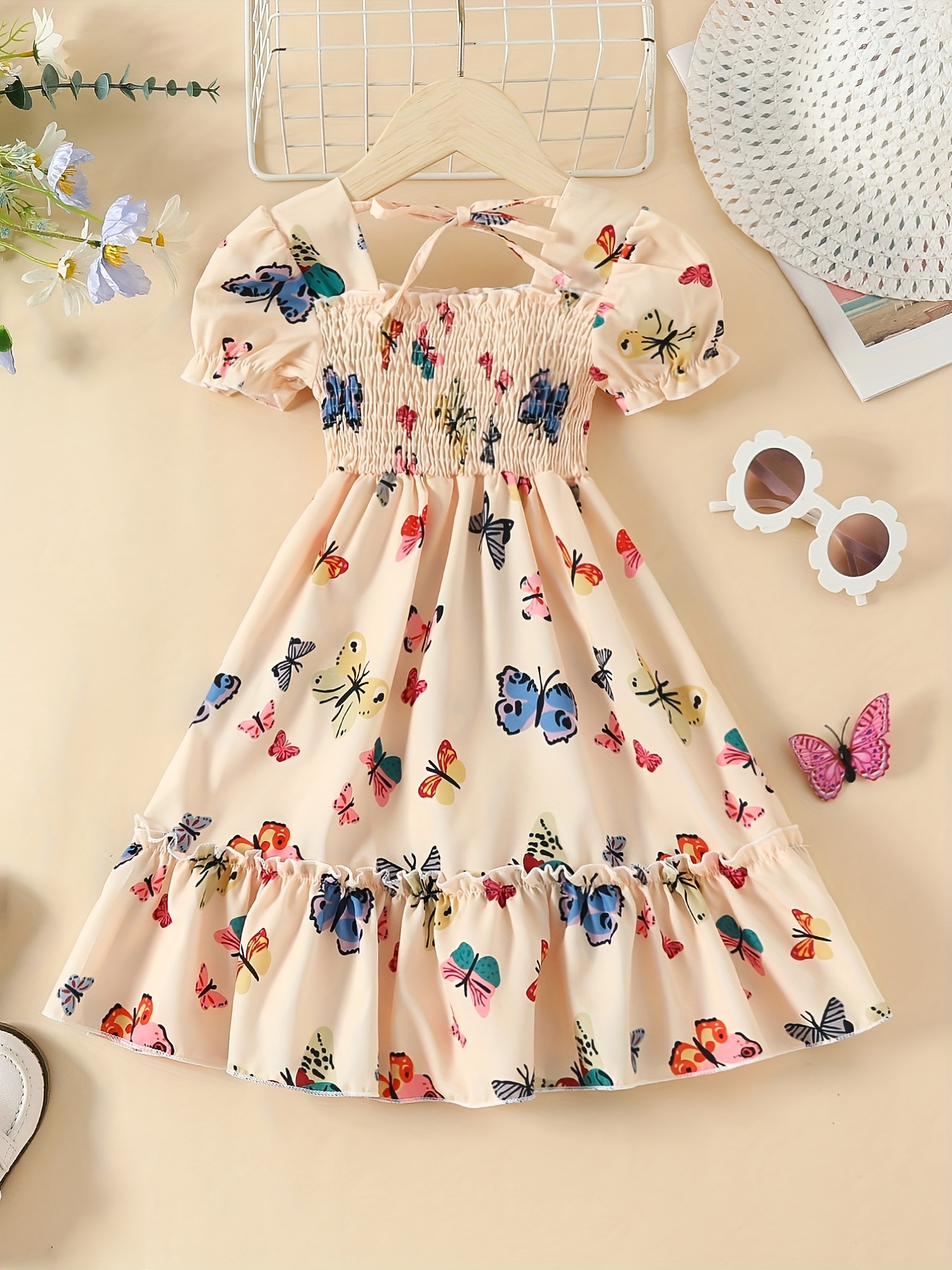 Girls' Colorful Butterfly Summer Dress – Elegant White Butterfly Print Blouse