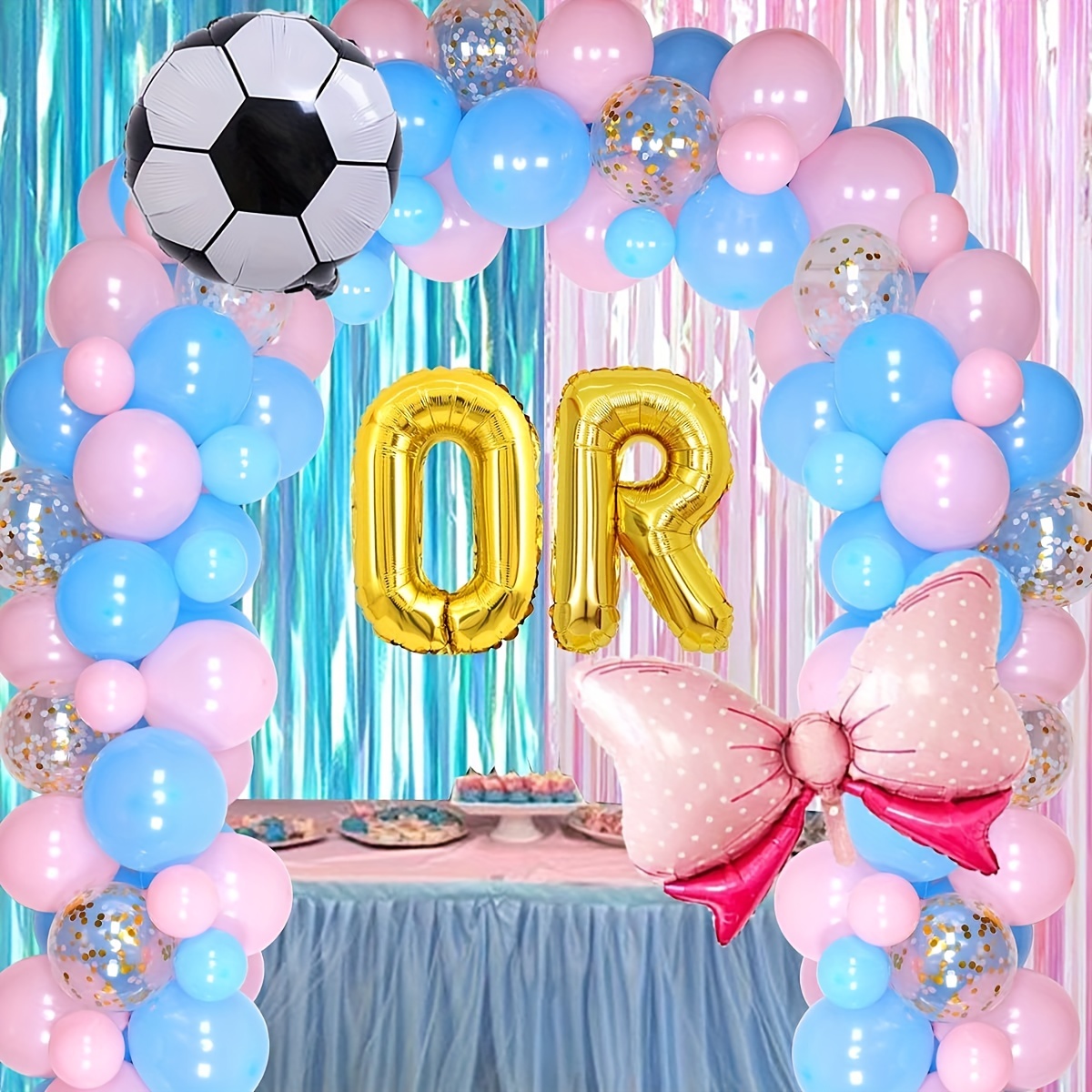 Gender Reveal Kit, Gender Reveal Party Supplies, Gender Reveal Decorations,  Blue and Pink Balloons Arch & Garland Kit, Metallic Fringe Curtains Party