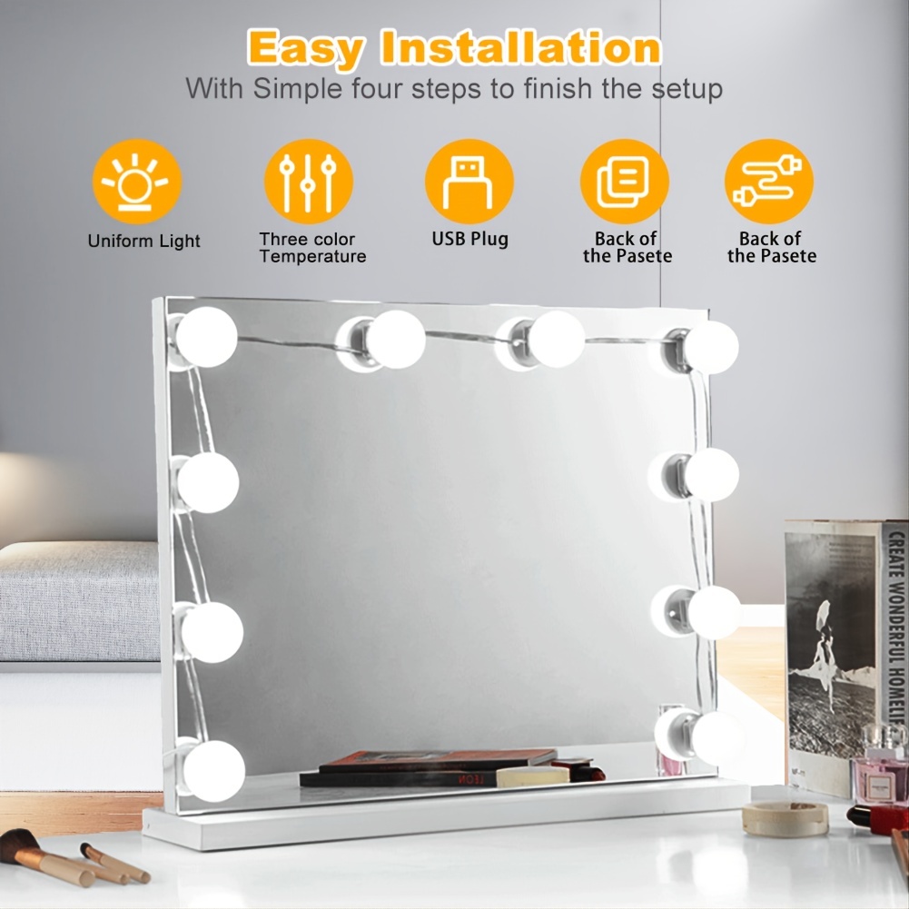 Hollywood Style Vanity Mirror Lights Kit, Adjustable Color And Brightness  With LED Light Bulbs, USB Cable Lighting Fixture Strip For Makeup Vanity Tab