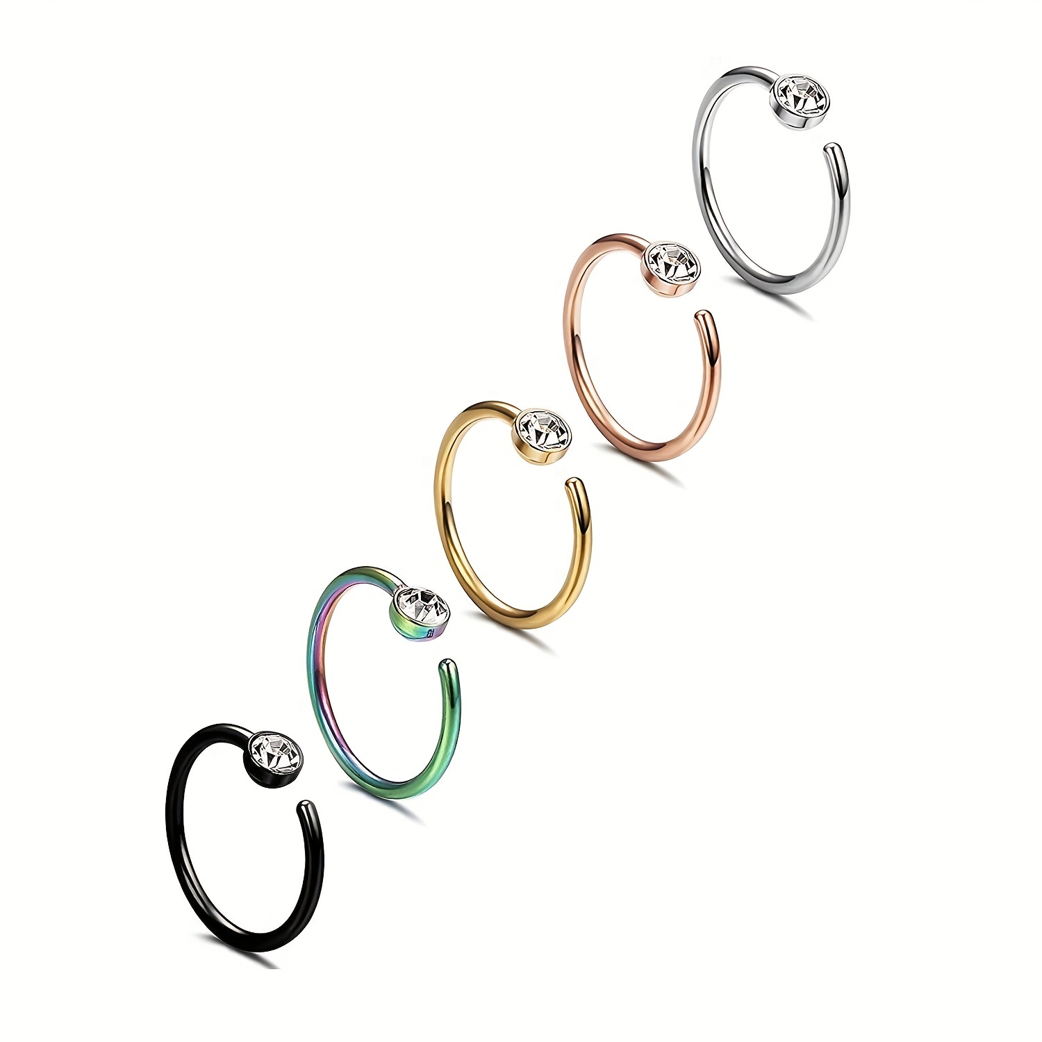 5pcs Hoop Nose Ring Set, Zircon Style Stainless Steel Jewelry