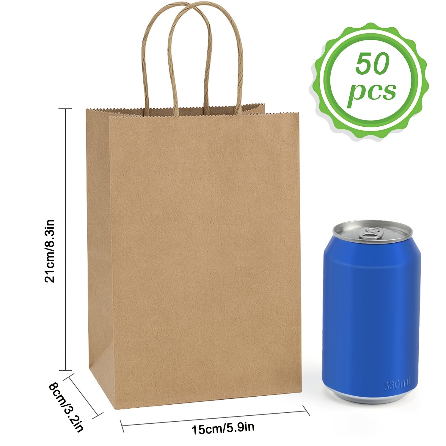 50pcs, Brown Small Plain Natural Paper Gift Bags 15*8*21cm/5.9*3.14*8.26in  With Handles Bulk, Kraft Bags For Birthday Party Favors Grocery Retail Shop