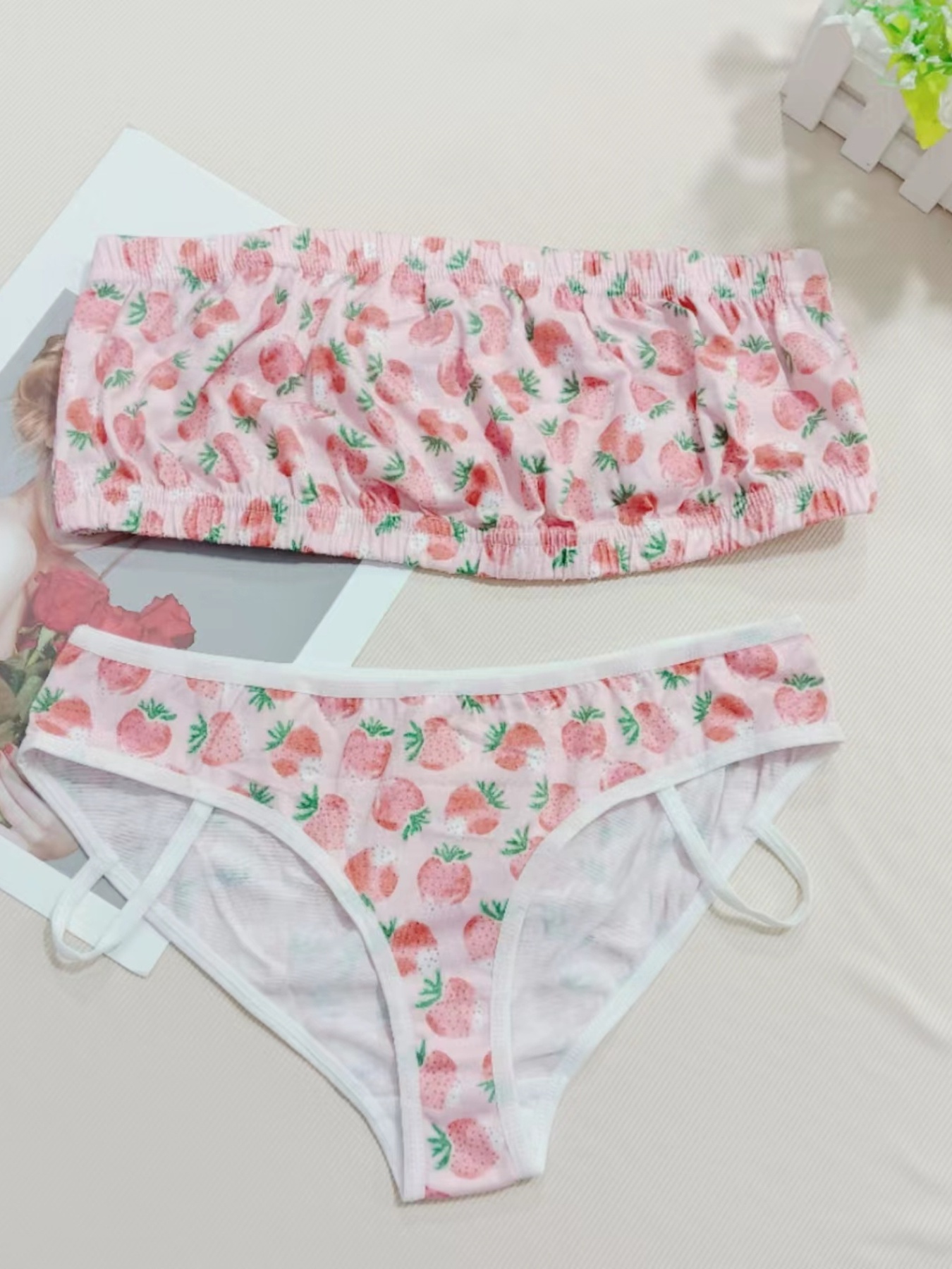 Strawberry Print Bra & Panties, Strapless Bra & Elastic Panties Lingerie  Set, Women's Lingerie & Underwear