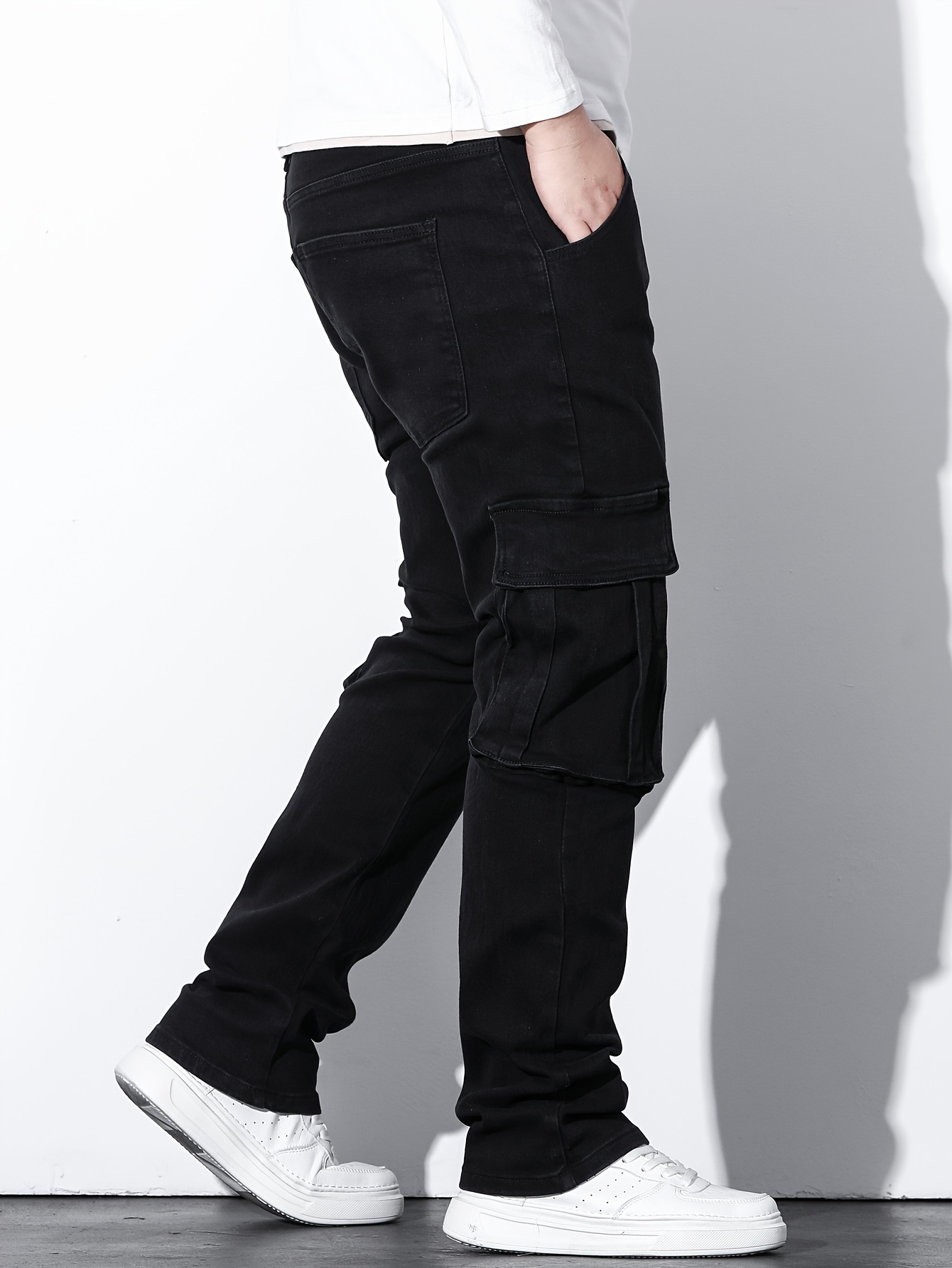 Plus Size Men's Solid Cargo Pants Oversized Fashion Street Style Pants With  Pockets For Spring Fall, Men's Clothing