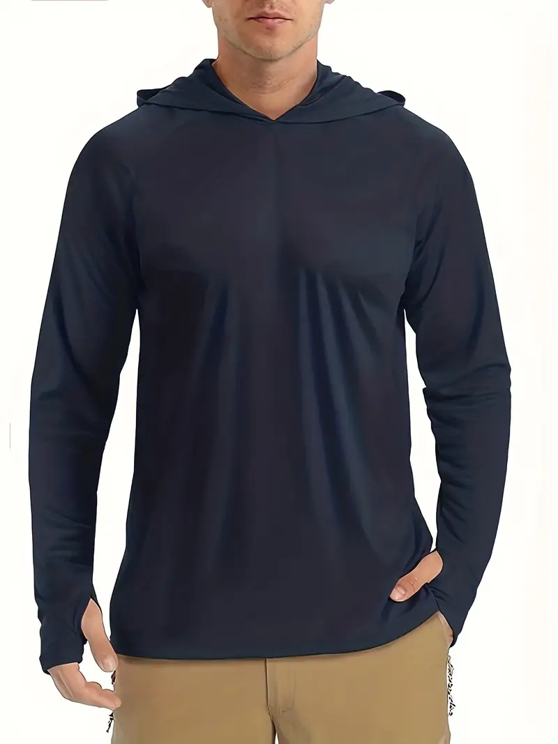 Solid Hooded Long Sleeve T-Shirt Tee, Men's Active Sun Protection Casual Comfy Shirts for Spring Summer Autumn Clothing Hoodies, Pullover Tops