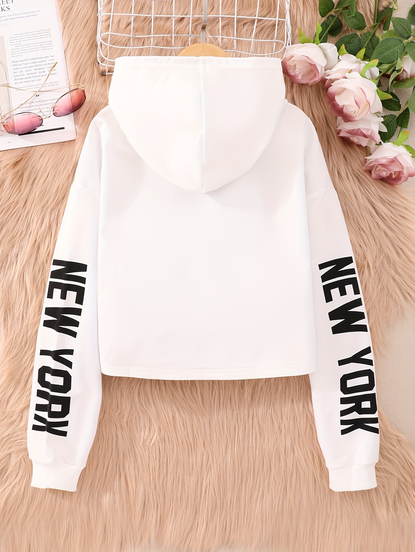 Temu 'New York' Letter Print Hoodie for Girls, Girl's Casual Graphic Design Pullover Hooded Sweatshirt with Kangaroo Pocket Streetwear for Winter Fall