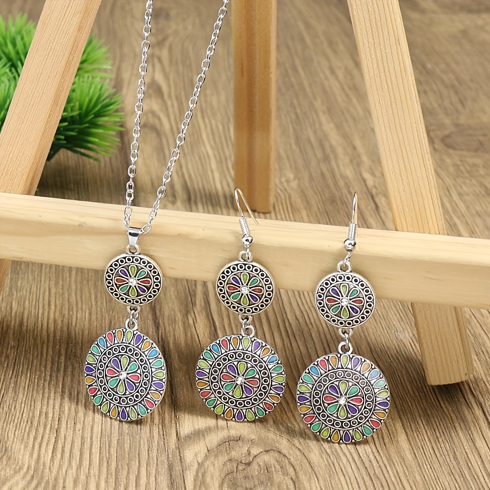 

1 Pair Of Earrings + 1 Necklace Boho Style Jewelry Set Retro Flower Design Oil Dripping/ Enamel Accessories Match Daily Outfits
