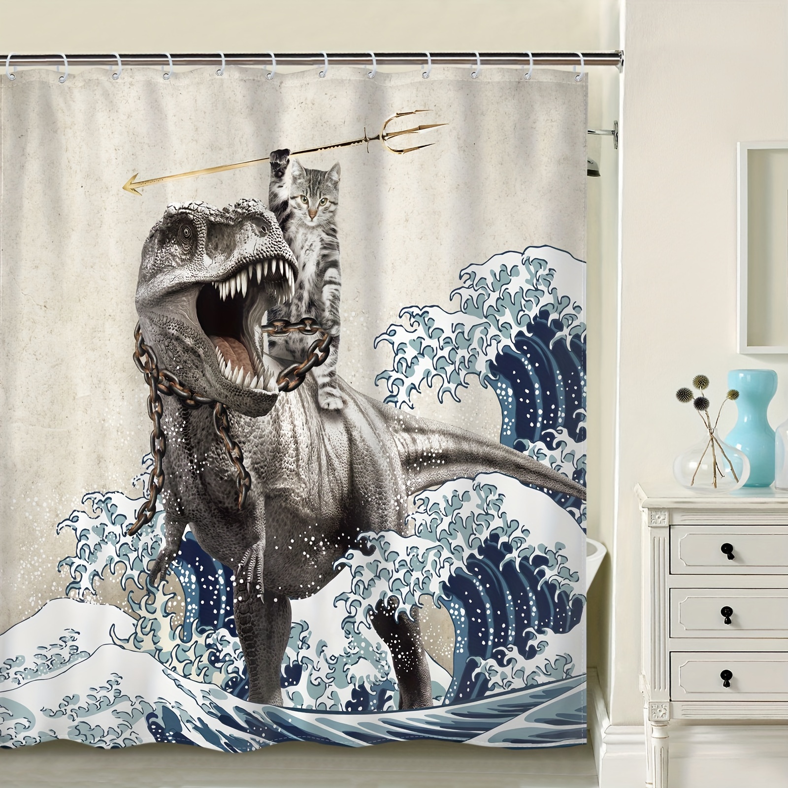 Fun Cat Dinosaur Shower Curtain Set Soft Fabric Non slip - Temu