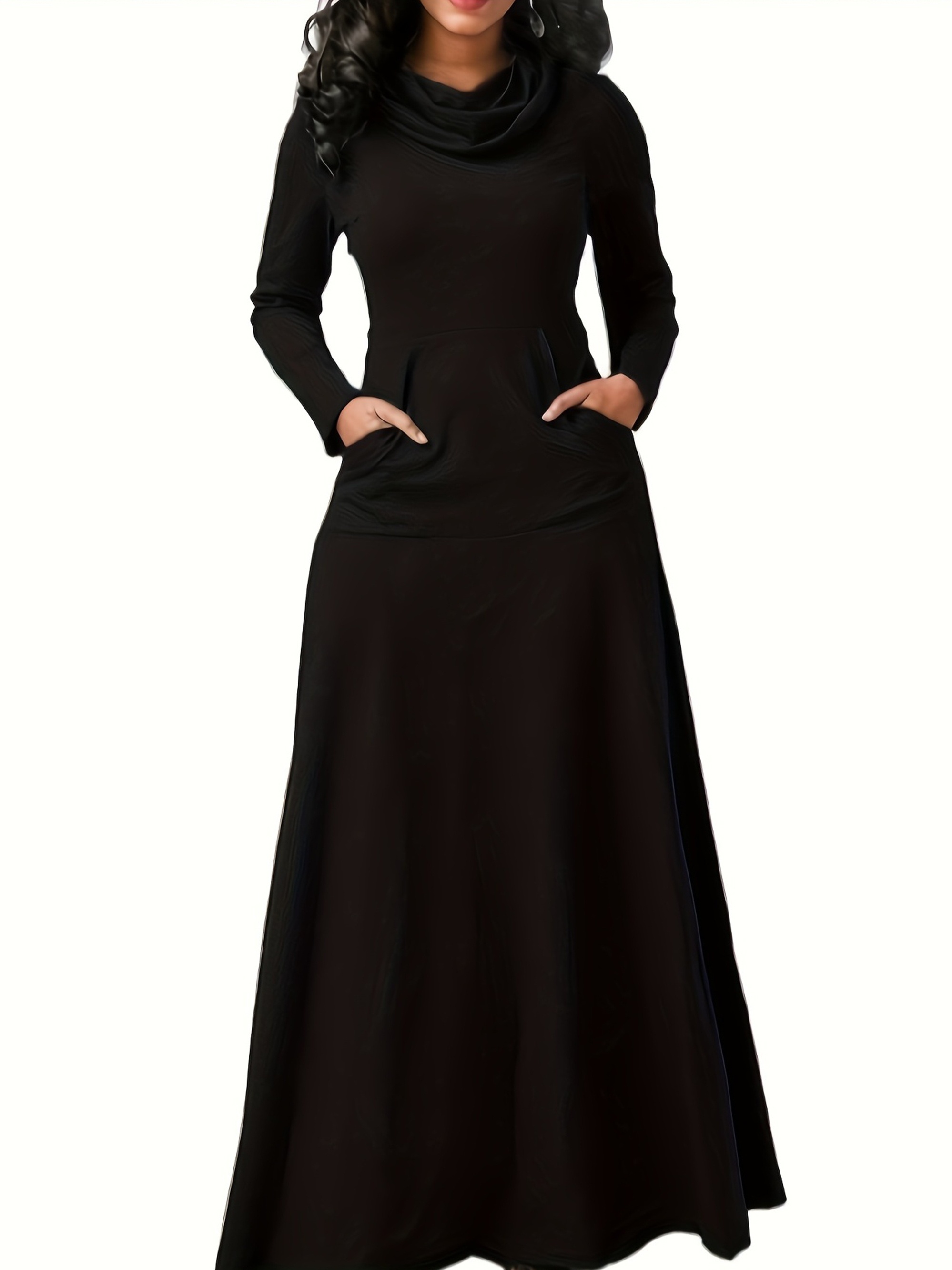 Büyük Beden Günlük Elbise, Kadın Artı Katı Uzun Kollu Balıkçı Yaka Cepli Yüksek Streç Maxi Elbise
