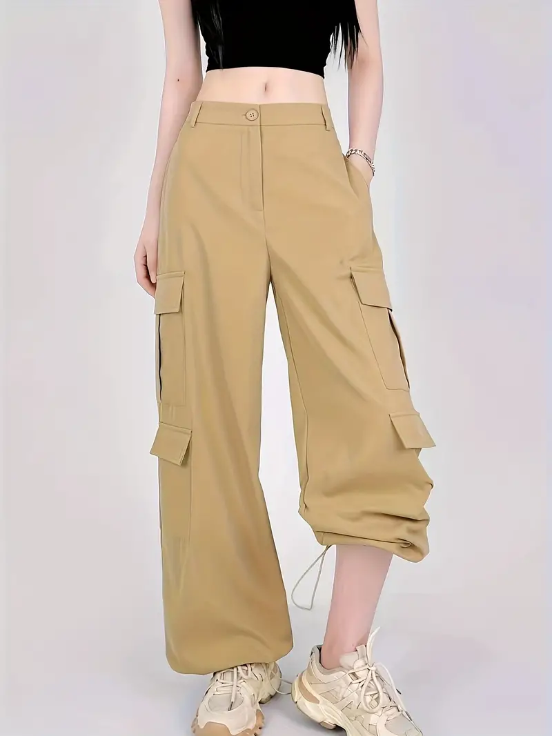 Cropped Cargo Pantshigh Waist Khaki Cargo Pants For Women - Button Fly,  Solid Color, Spring/summer