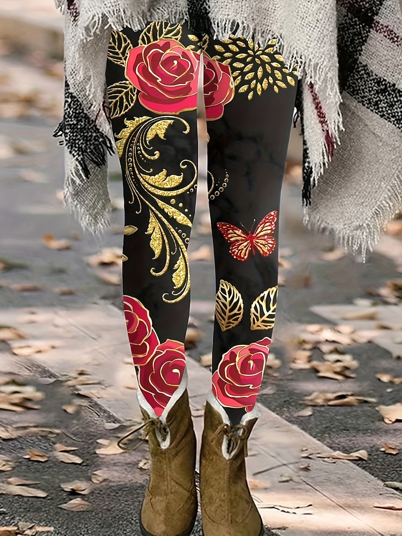 Floral Print Skinny Leggings Casual High Waist Stretchy - Temu Canada