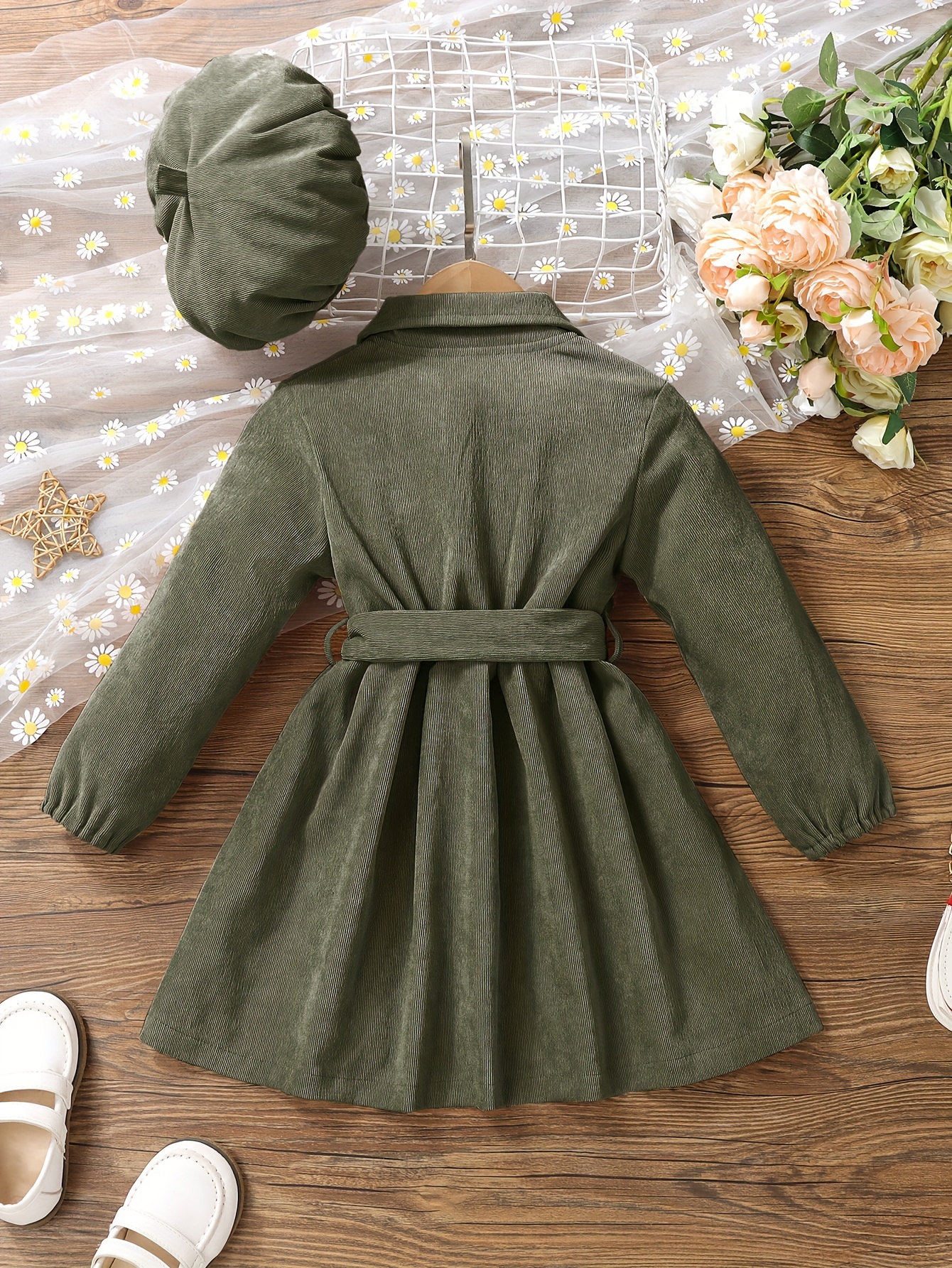 girls casual dress corduroy button front collar neck dresses with belt and hat set trendy kids autumn outfit details 37