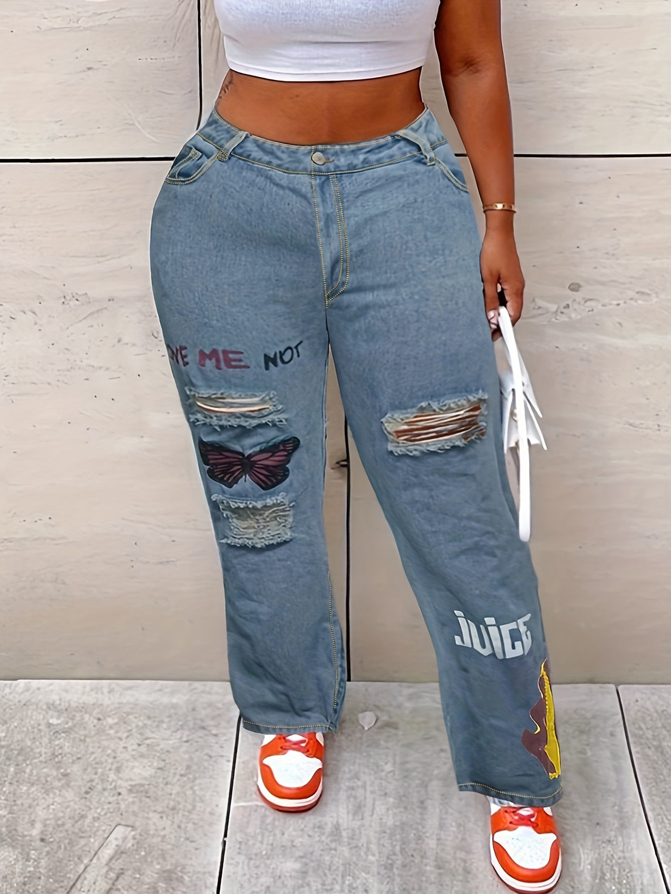 Plus Size Butterfly Letter Print Ripped Baggy Jeans, Women's Plus High  Waist Straight Leg Jeans