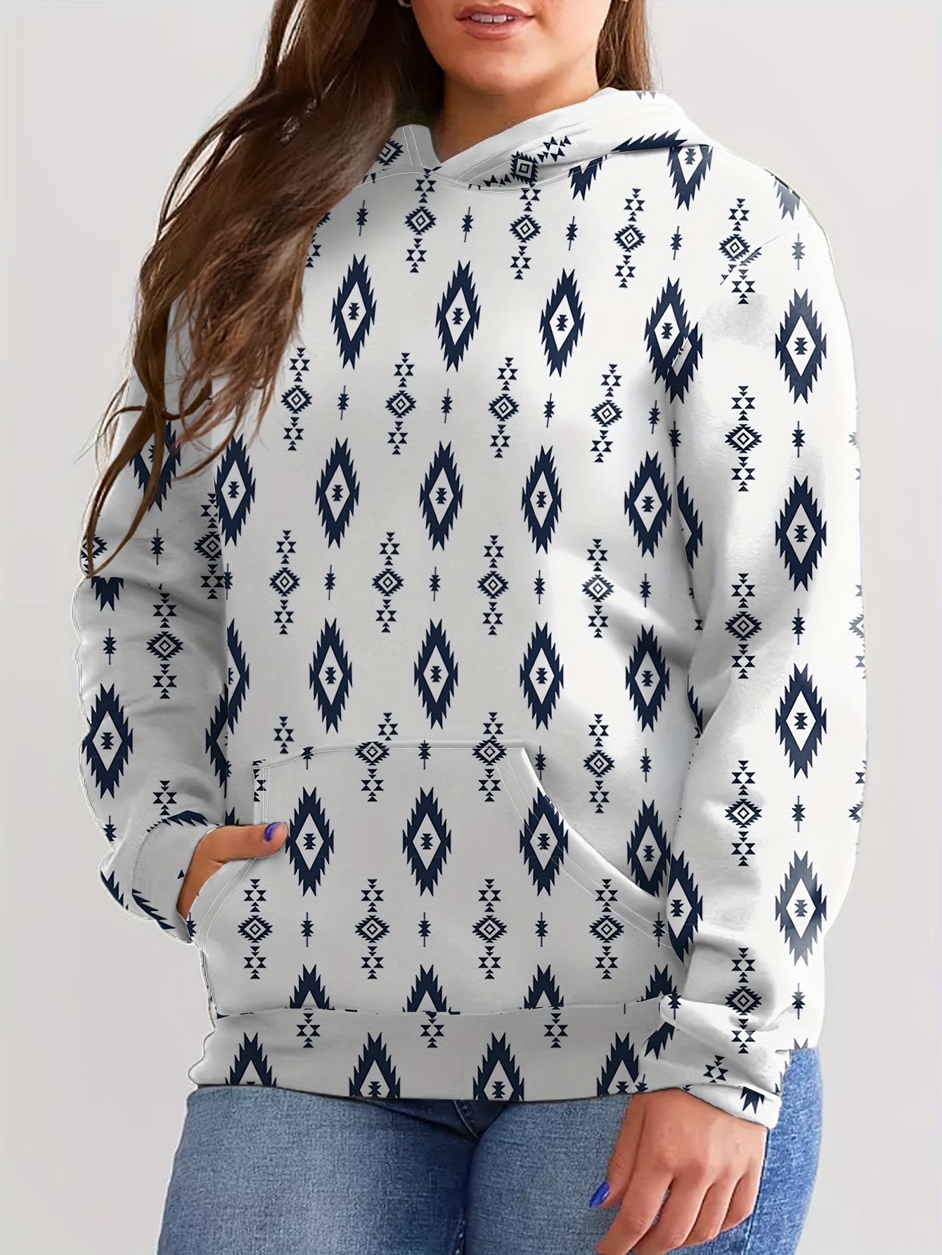 Plus Size Boho Sweatshirt Women's Plus Tribal Feather Print - Temu