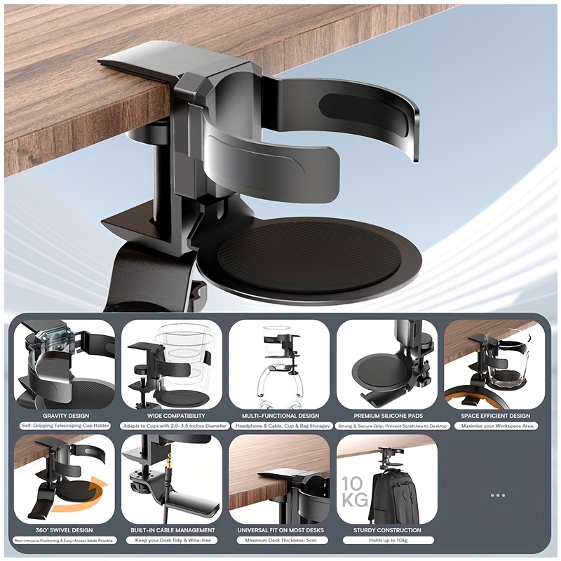  Desk Cup Holder, Rotatable Headphone Hanger - Anti-Spill 2 in 1  Under Desk Clamp Controller Stand Replaceable Cup Holder Compatible with  Universal Headset, Mups, Cup, Water Bottles Office&Home(Black) : Electronics