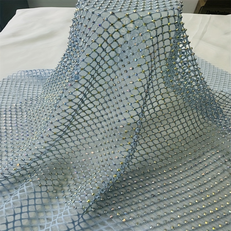 Light Blue Rhinestones Mesh Fabric Sewing Elastic Trim