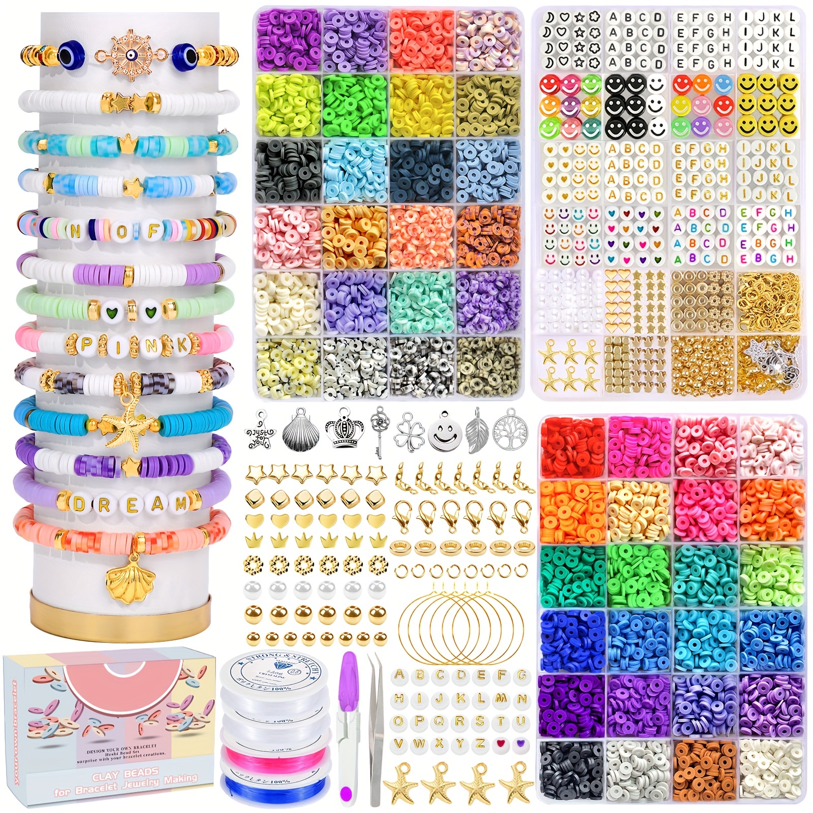 XIMISHOP 7200 Pcs Clay Beads Kit for Bracelet Making, 48 Color Polymer Flat Clay  Beads Spacer