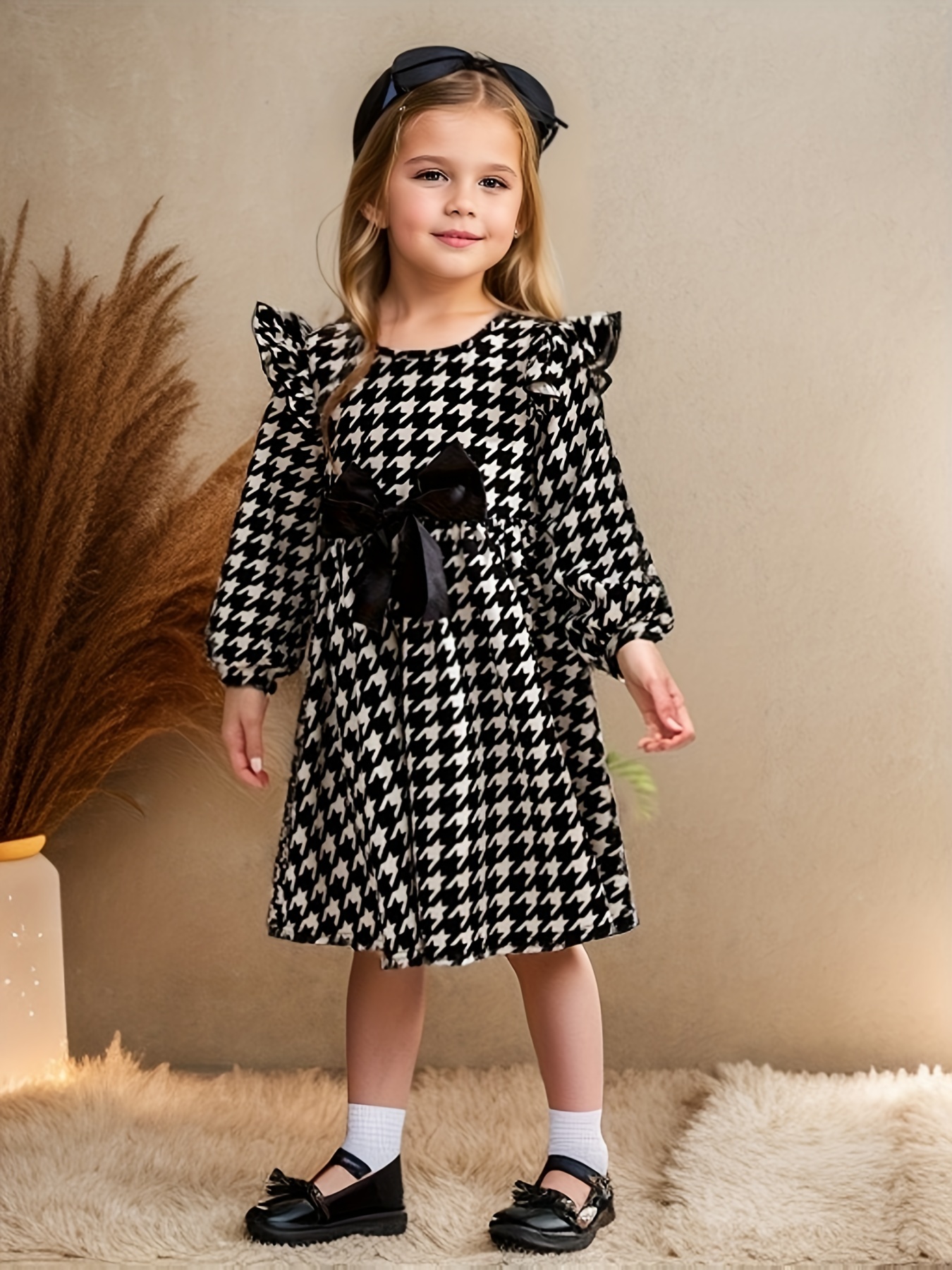 Houndstooth Print Puff Sleeve Belted Dress