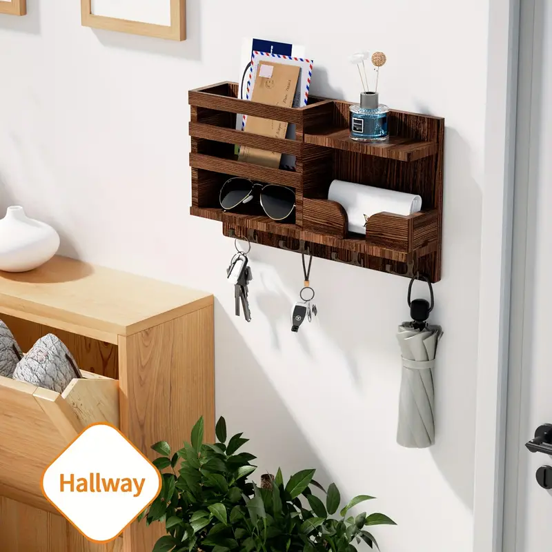 Wooden Storage Shelves With Hooks Key And Letter Organizer - Temu