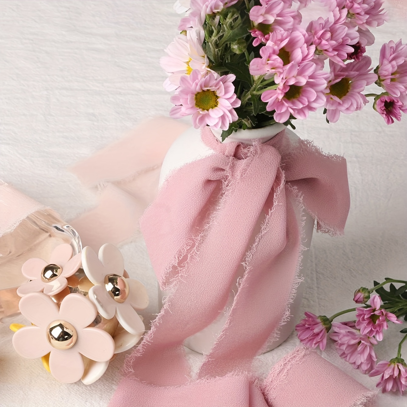 Blush Pink Chiffon Ribbon 3 Rolls Frayed Chiffon Silk Ribbons for Bouquets, Wedding, Gift Wrapping 2x 5.5 yd