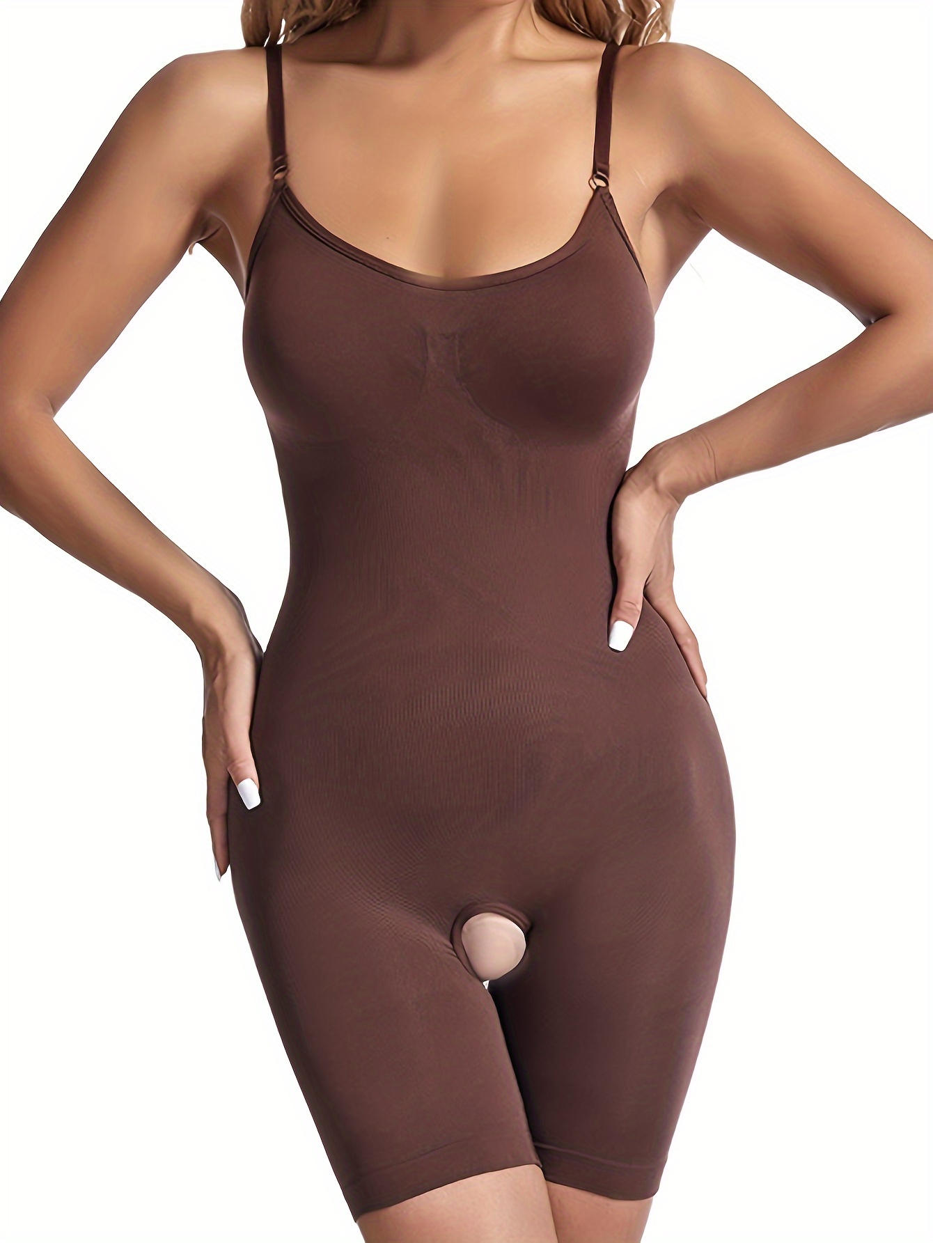 Plus Size Simple Shapewear Bodysuit, Women's Plus Seamless Solid Tummy  Control Butt Lifting Crotchless Full Bust Body Shaper