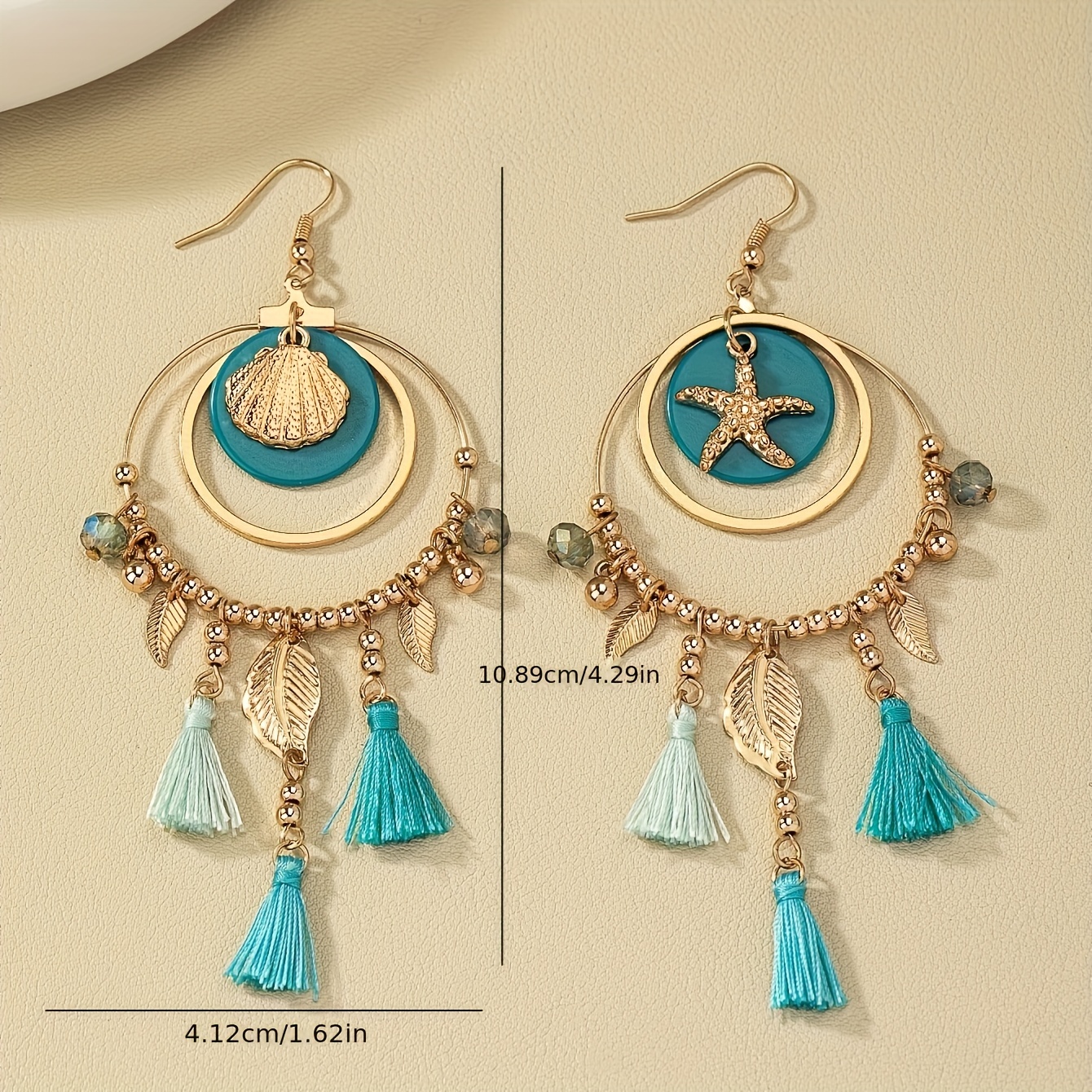 Bohemian Vocation Dangle Earrings with Leaf Tassel Pendant Starfish Shell Decor