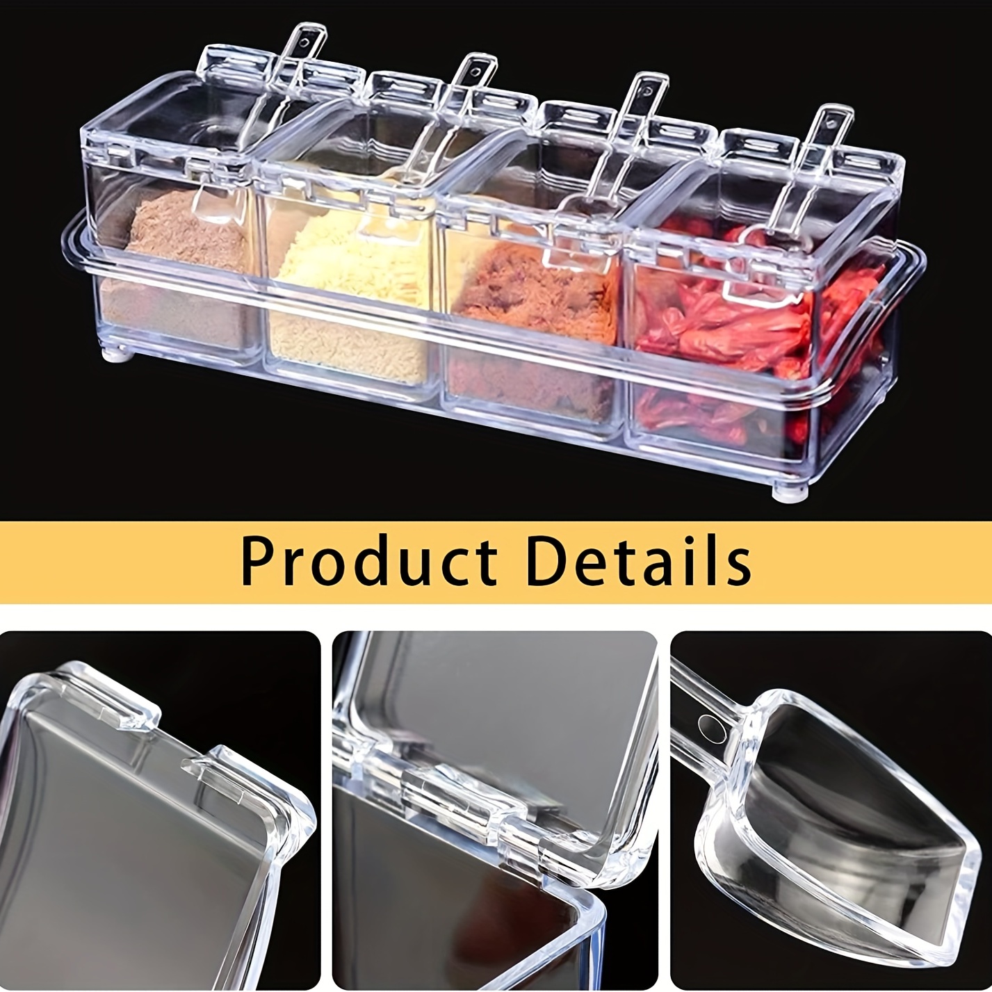 4-cell Clear Seasoning Rack Spice Box, Storage Container Condiment Jars  Acrylic Seasoning Box With Cover And Spoon For Home Kitchen Restaurant -  Temu