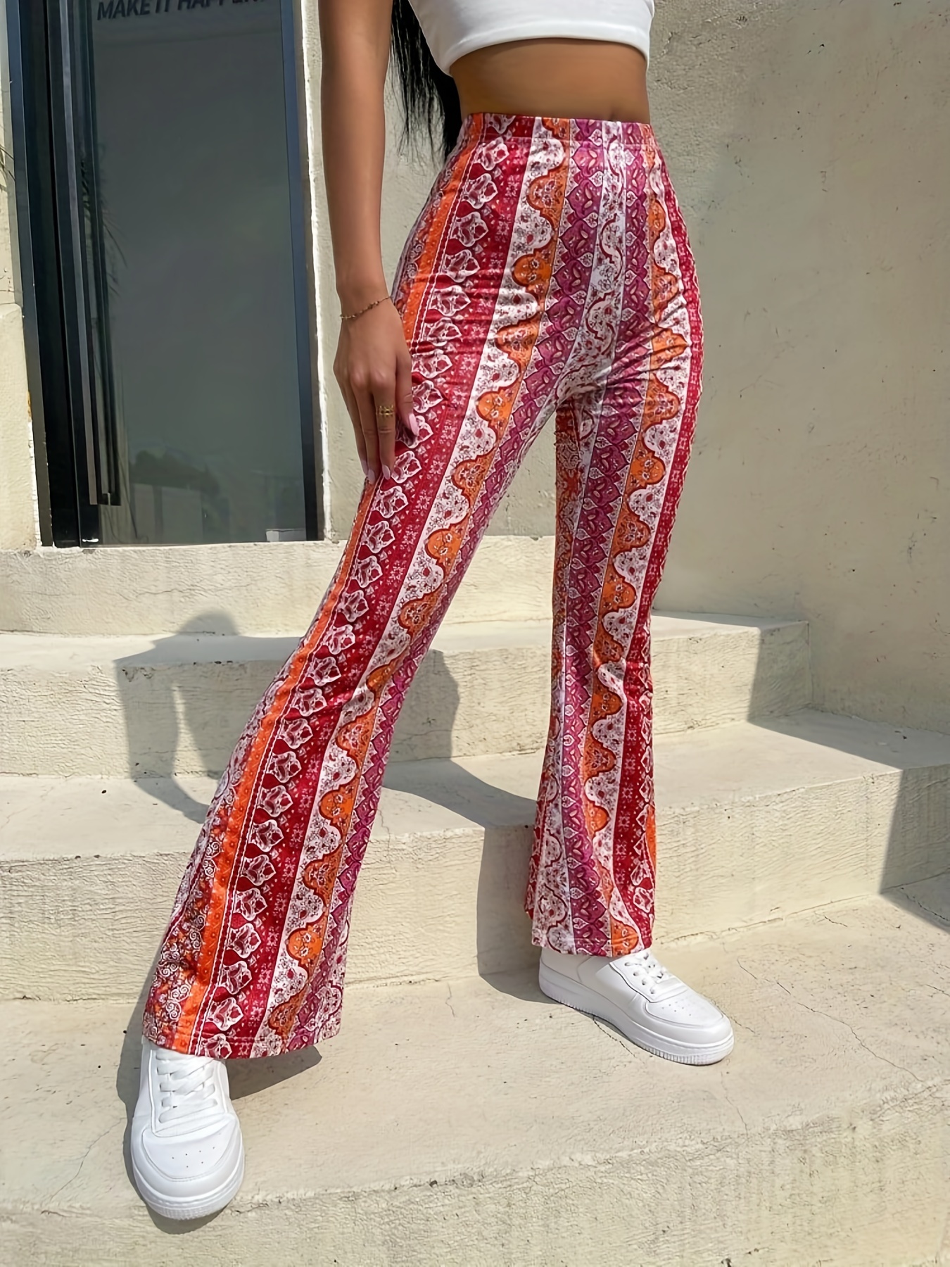 Boho Striped Flare Pants For Women Vintage Ethnic Style With High