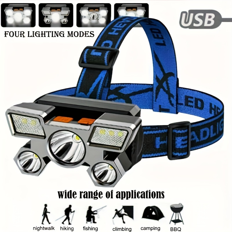 

Usb Rechargeable Headlamp Portable 5led Headlight Built In Battery Torch Portable Working Light Fishing Camping Head Light For Travel, Camping, Fishing, Hunting