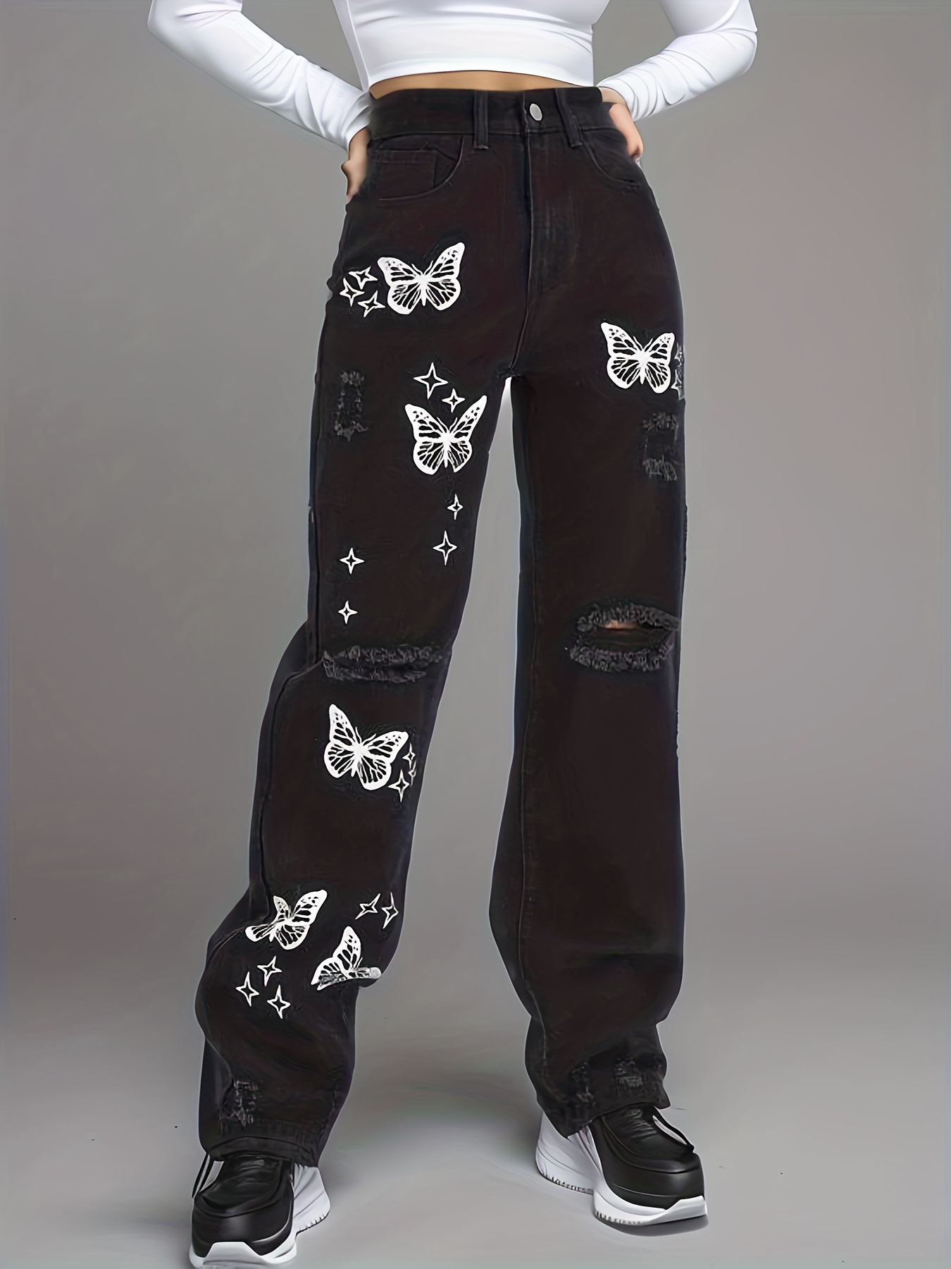 Black Baggy Jeans Women Butterfly Print Aesthetic Denim Pants