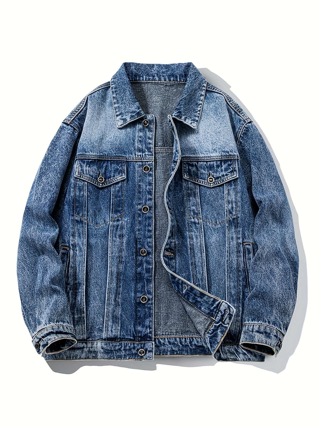 Classic Design Loose Fit Multi Pocket Denim Jacket, Men's Casual Street  Style Lapel Distressed Denim Jackets For Spring Fall