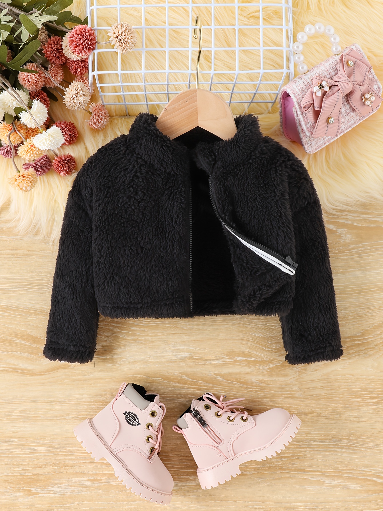 Winter Windproof Plush Jacket, Stylish Stand Collar Baby Girls Autumn  Winter Warm Coat, Cozy Cute Zipper Top