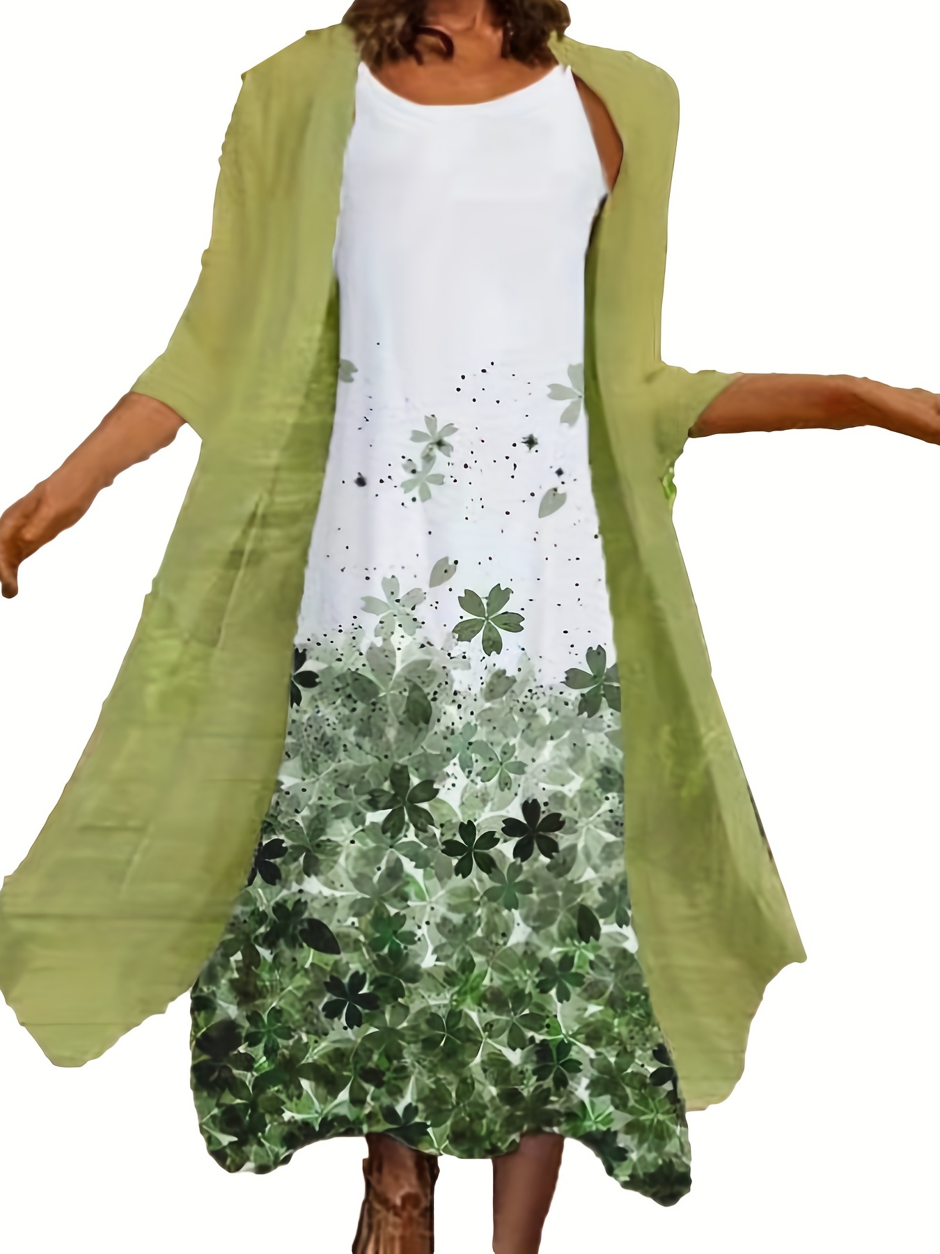 2 Piece Set Half Sleeve Open Front Coat & Floral Print Cami Dress