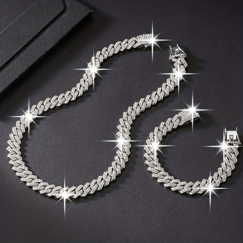 Necklace Plus Bracelet Hip Hop Style Jewelry Set Paved Rhinestone Cuban  Chain Design Suitable For Men And Women Silvery Or Golden Make Your Call -  Temu