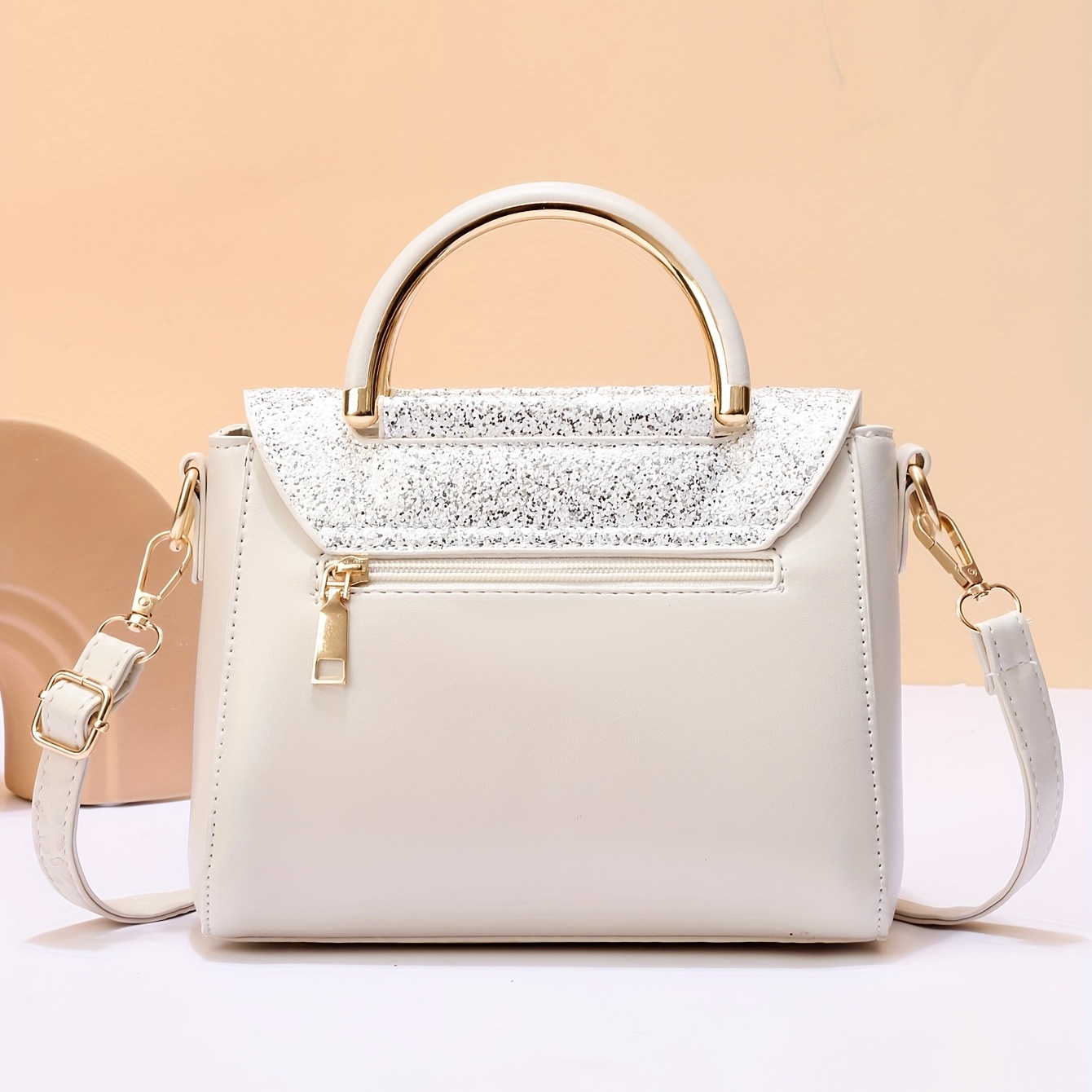 Glitter Flap Top Handle Versatile Handbag Zipper Stylish - Temu