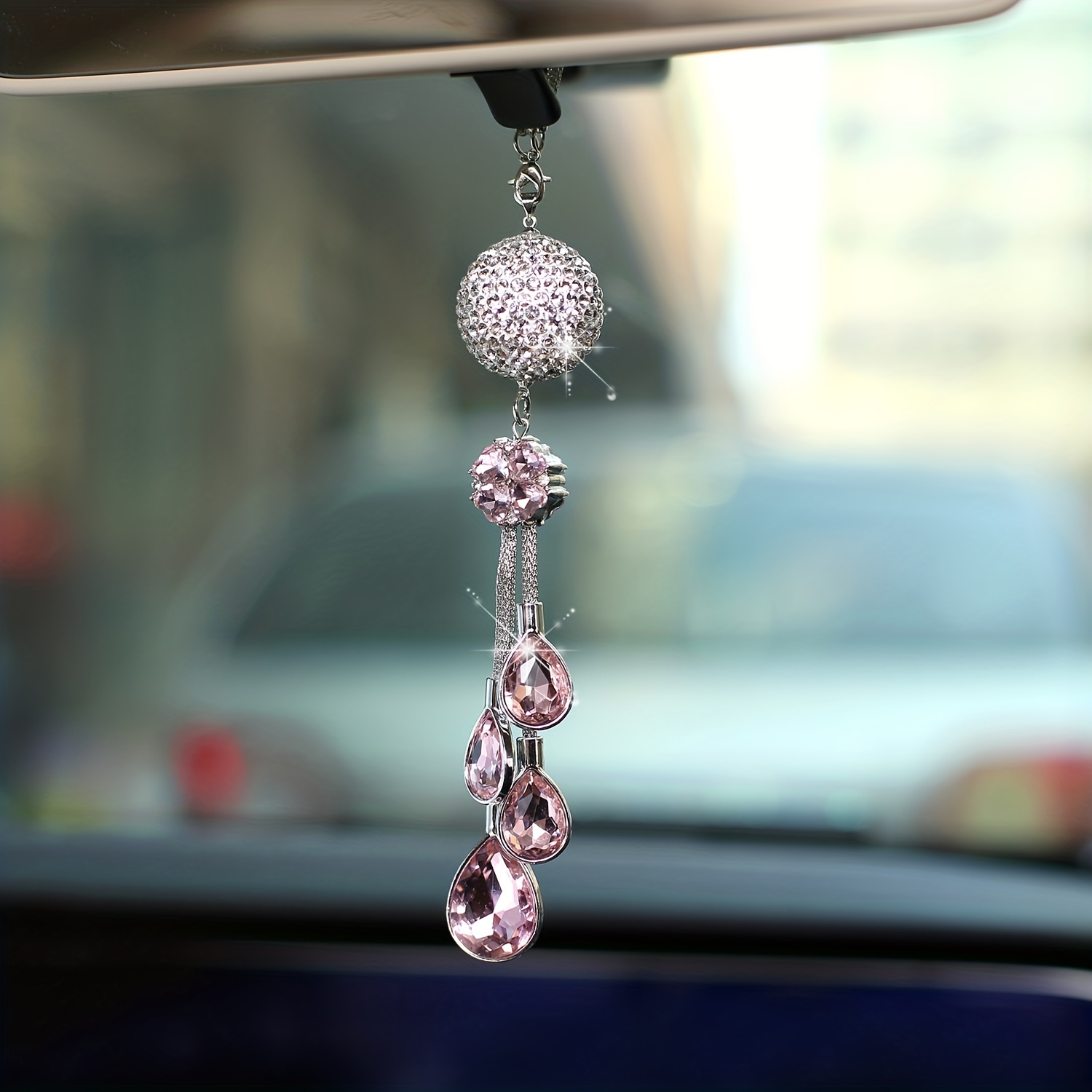 Bling Diamond Car Ornament,Crystal Car Rear View Mirror Charms,Lucky  Hanging Accessories (Blue) 