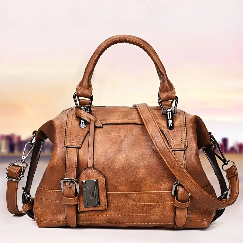 vintage boston handbag large capacity crossbody bag womens faux leather shoulder bag details 1