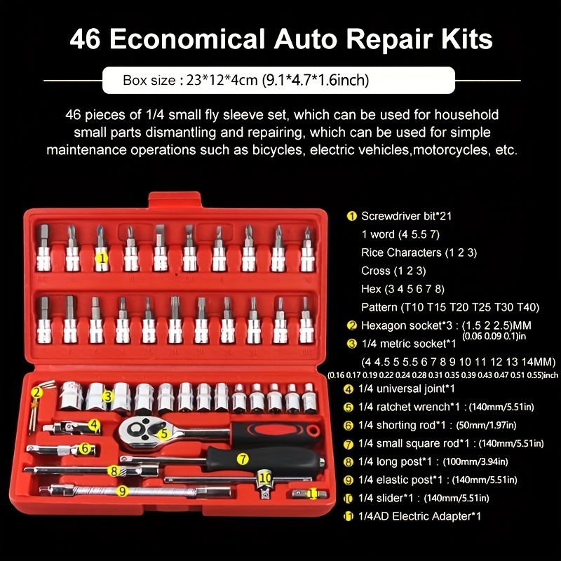 Socket Tool Kit 1/4 Wrench Key Set Car Tools Kit Set Home Auto Repair Hand  Tool